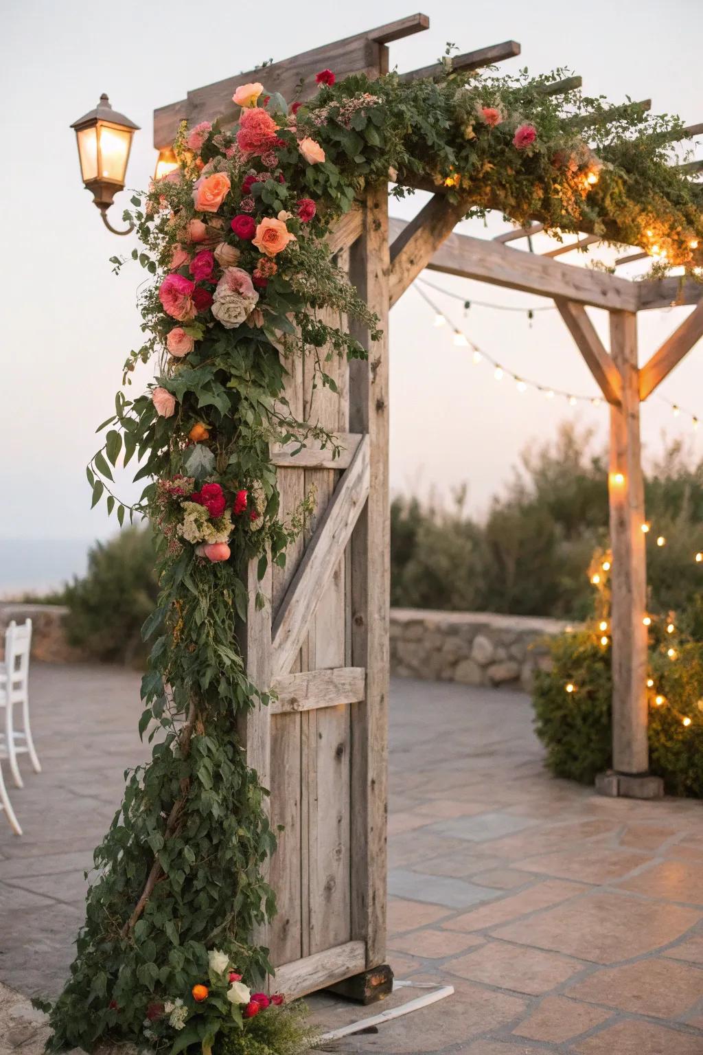 A countryside timber structure beautifully adorned with botanical elements and flowers.