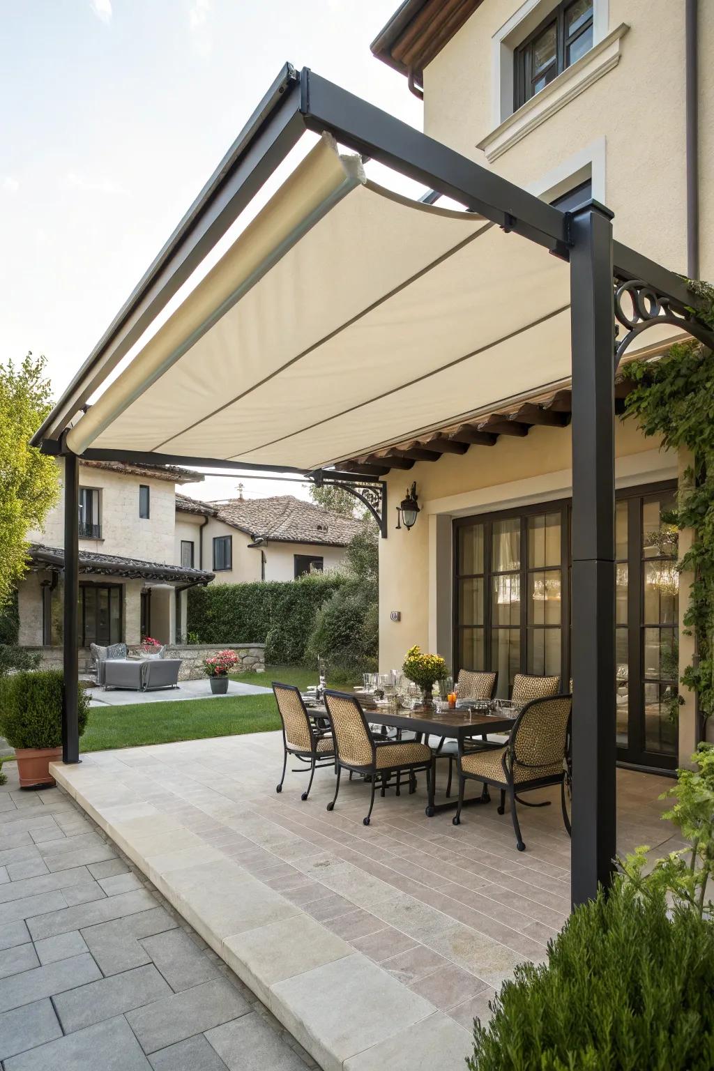 An adjustable awning provides adaptable shade over a delightful dining space.