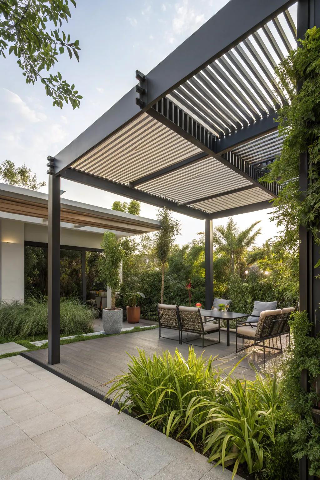 Movable slats provide adjustable shading possibilities.