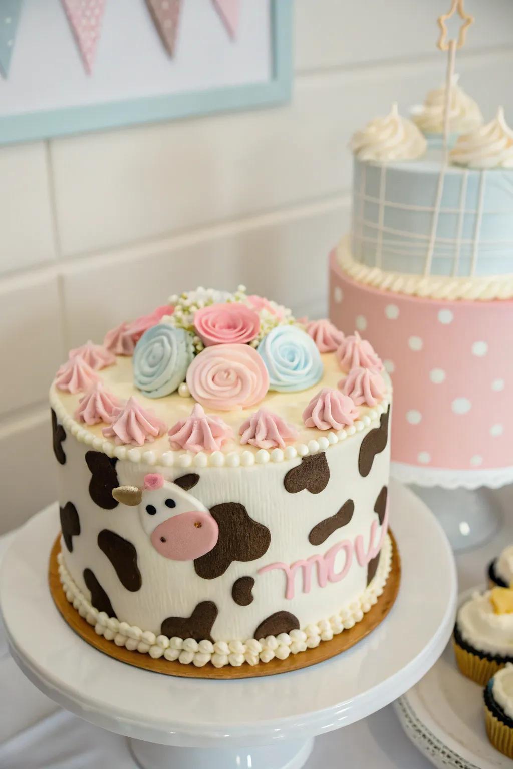 A captivating cow print cake injecting a playful flair into your cowgirl baby shower.