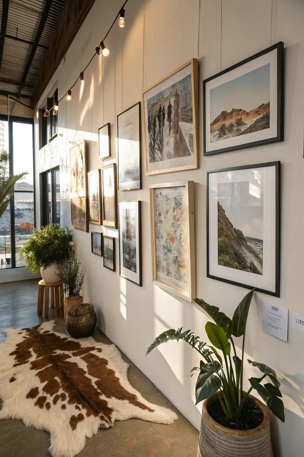 A gallery wall skillfully blends animal hide with framed art, enriching the space with added texture.
