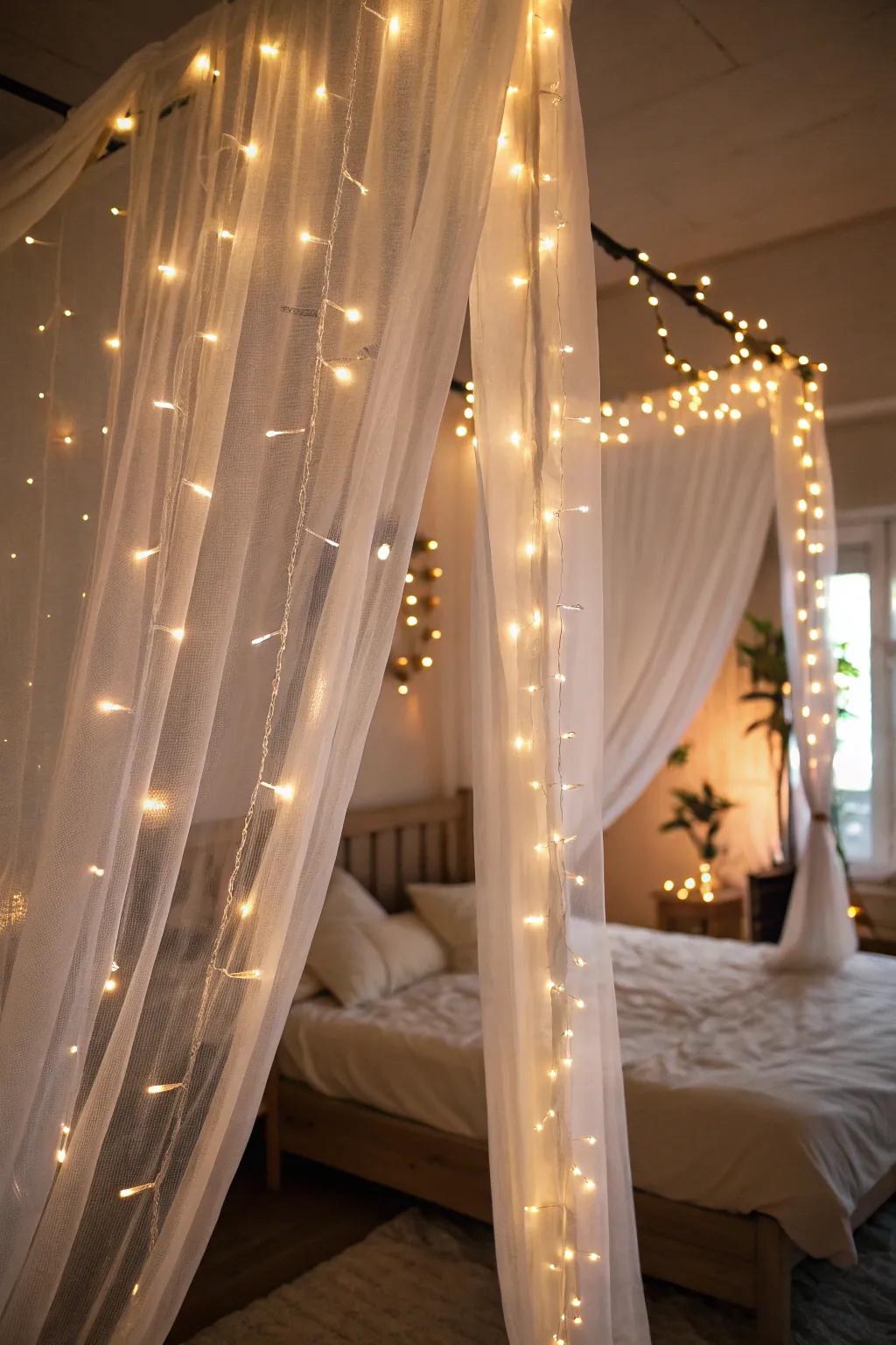 Twinkle lights blended with airy curtains in a bedroom.