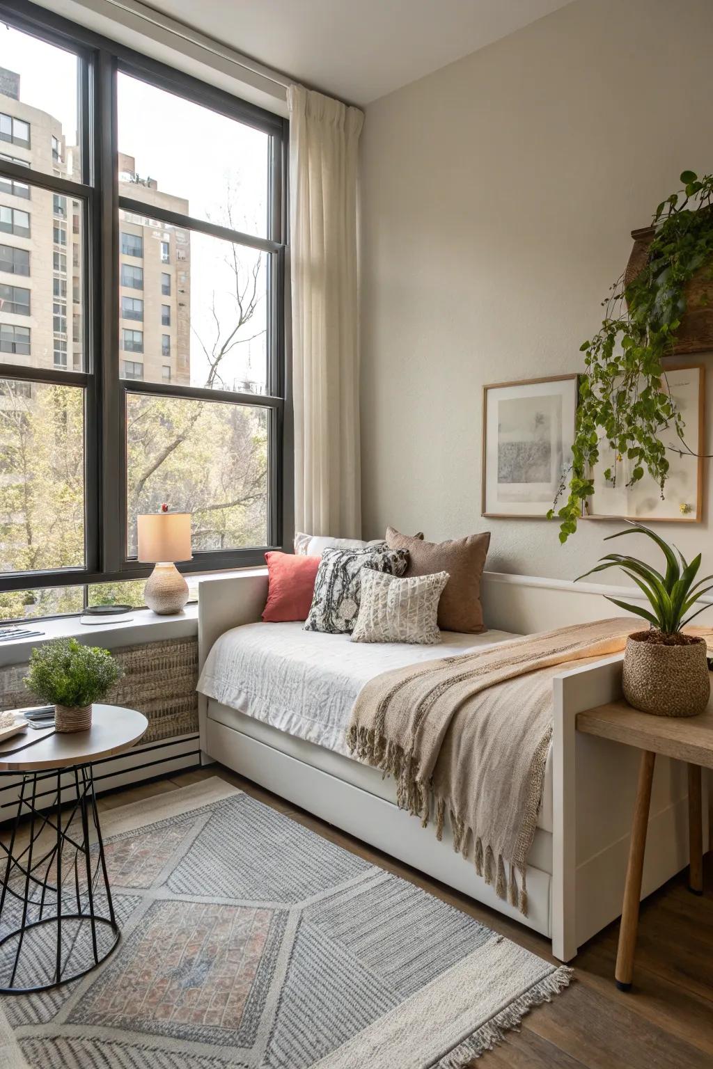 A lounger offering dual roles in a small setting.