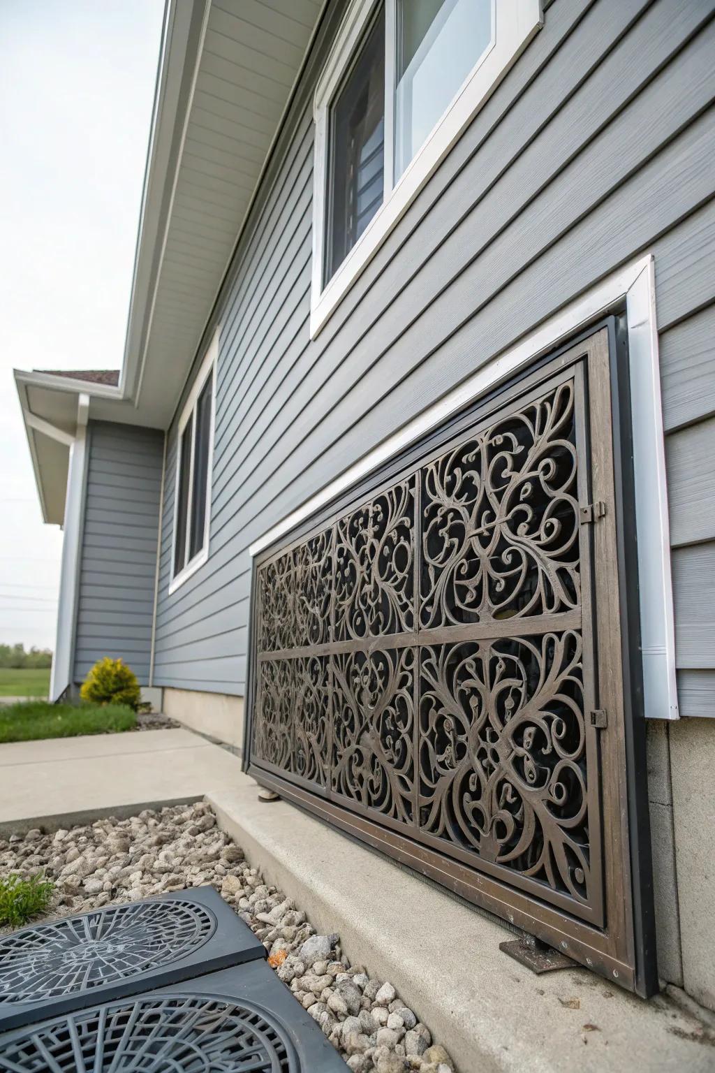A chic metal grille adds a contemporary flair to the crawl space entrance.