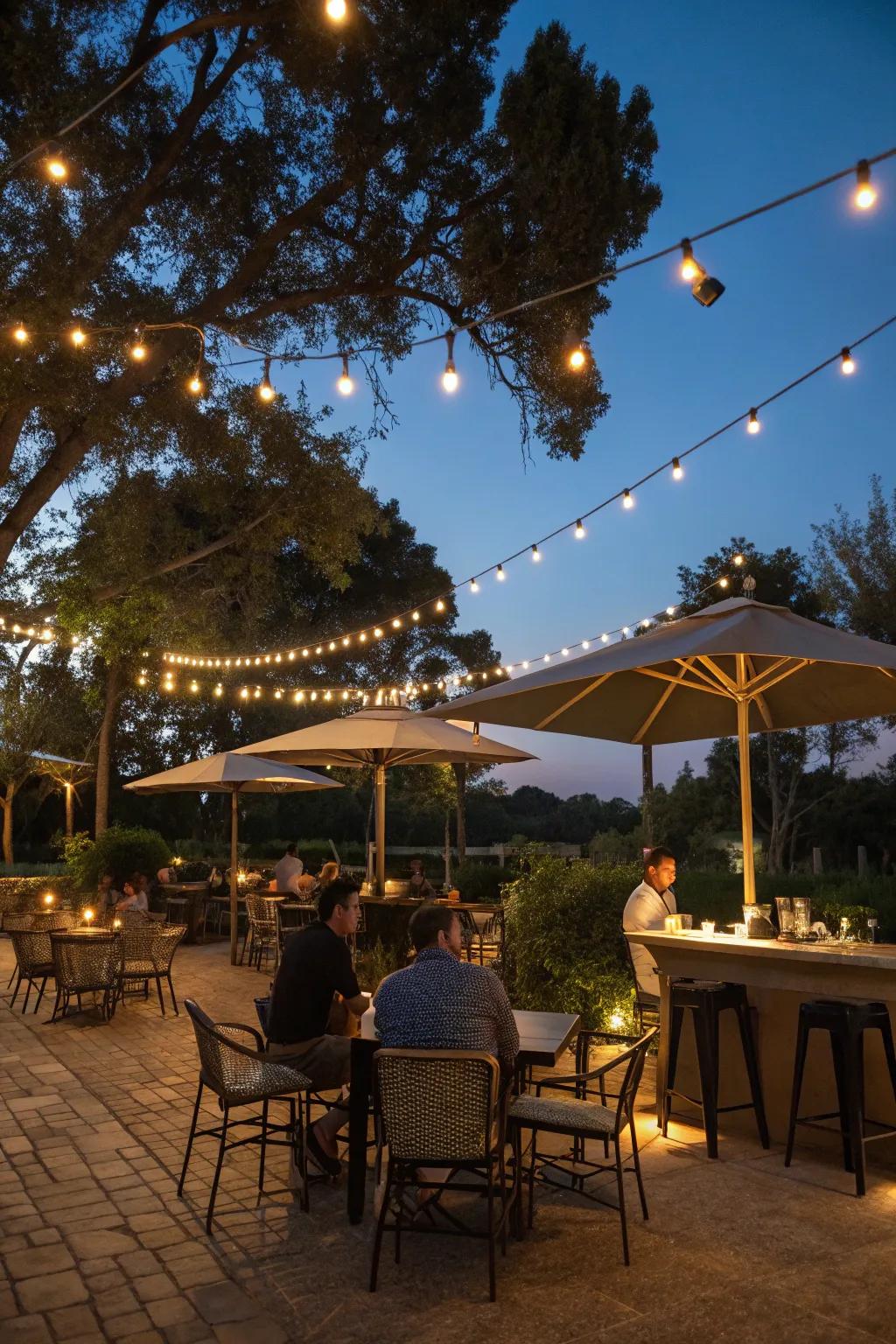 Fairy lights offer a magical feeling to this outdoor bar.