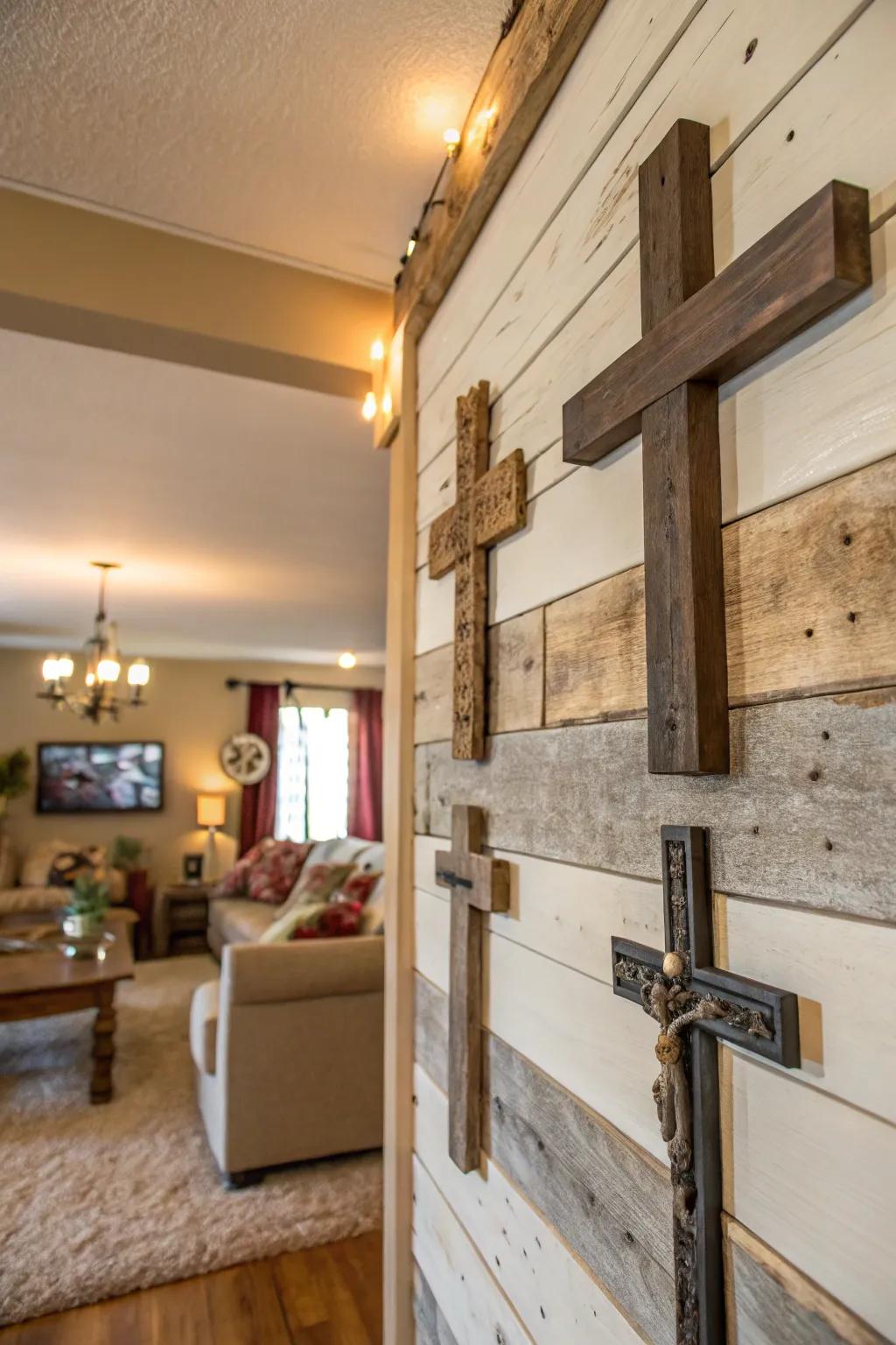 Country-style wall adornments spotlighting timber and metallic crosses.