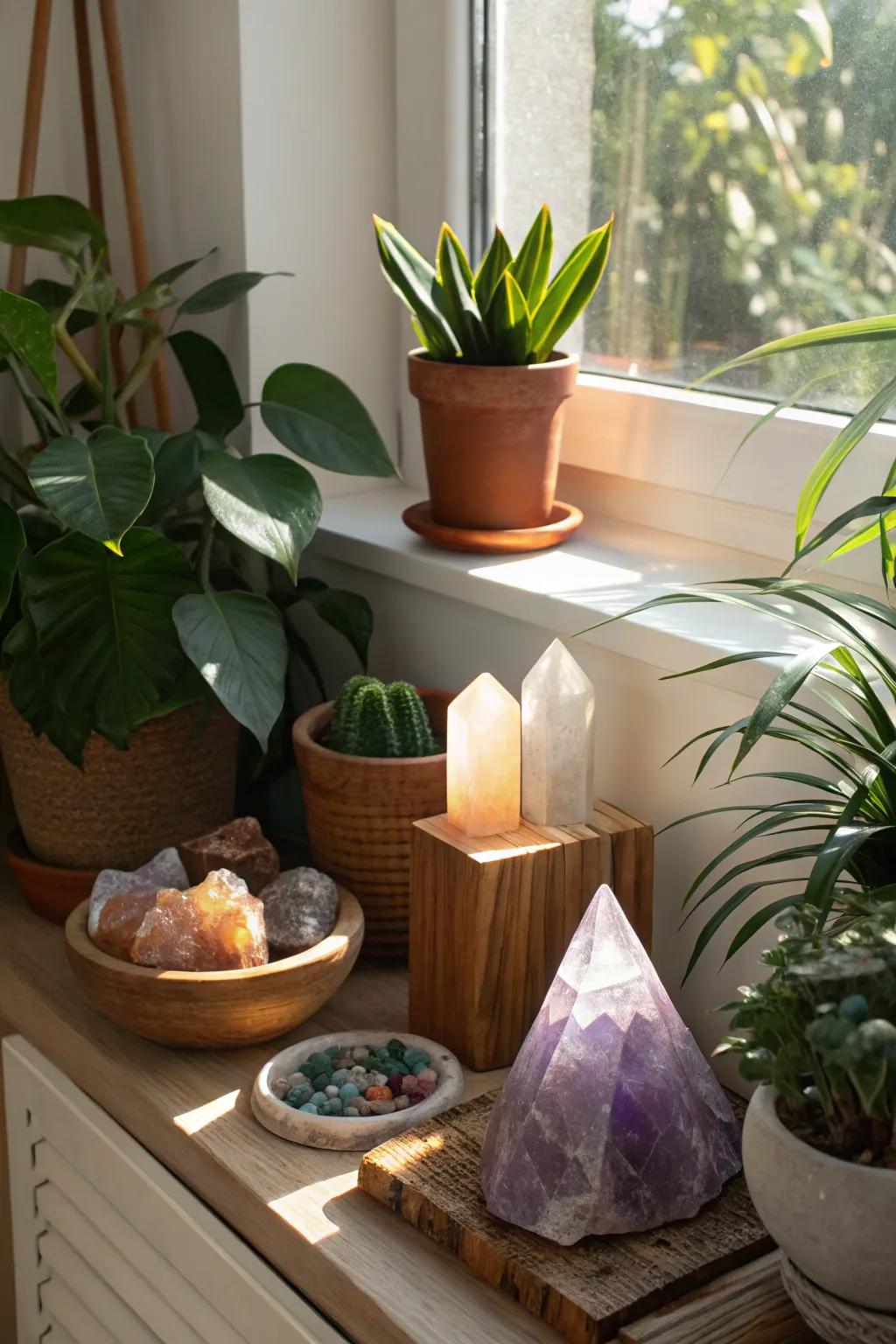 Unifying organic elements and crystals engenders a revitalizing and stable atmosphere.