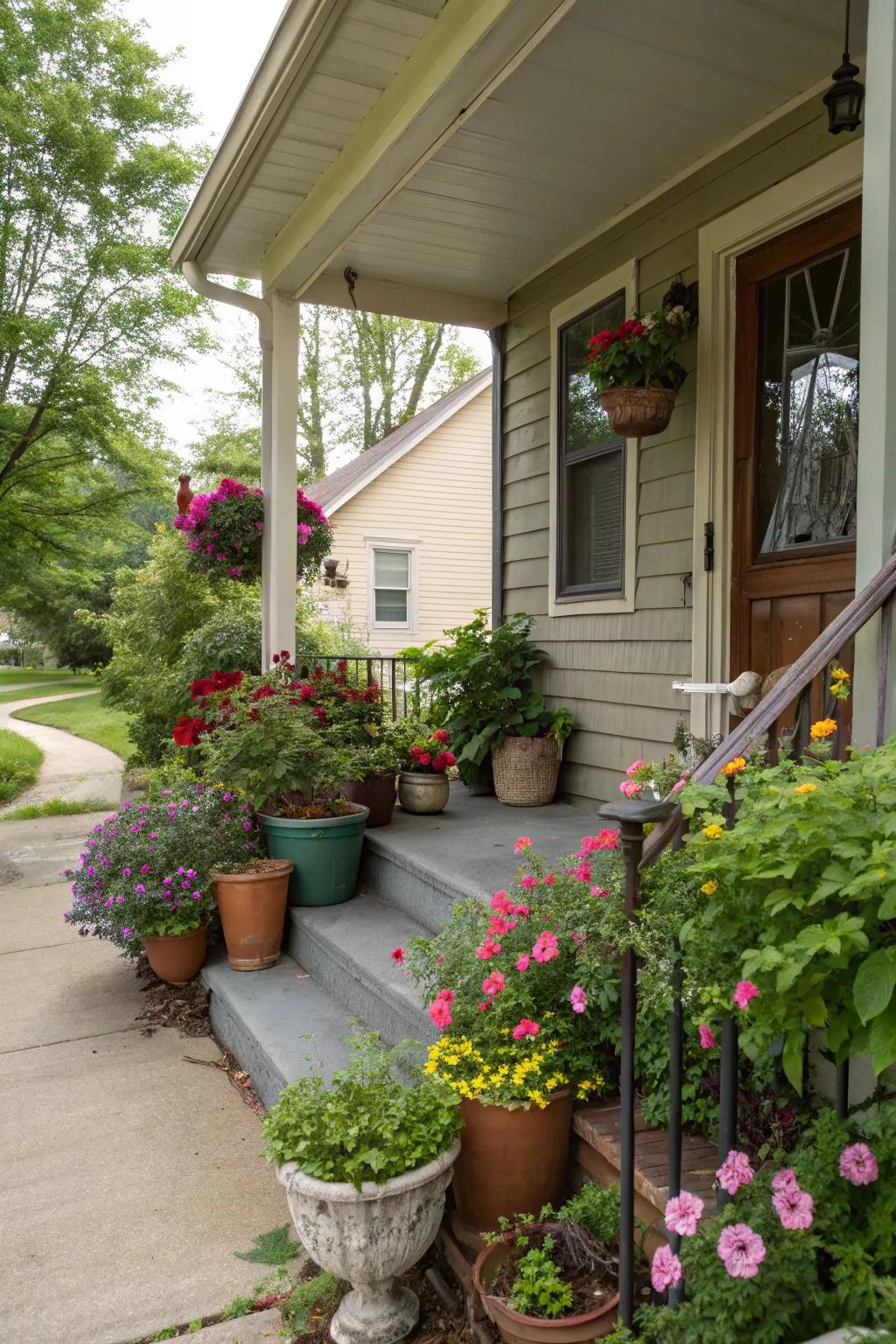 Potted plants introduce coziness and vibrant colors to any porch space.