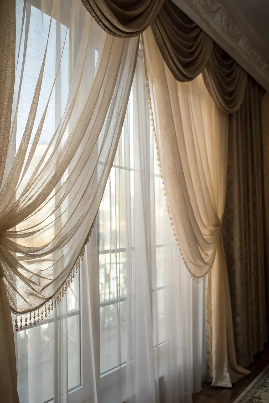 Staged window coverings offer both flair and adaptability.