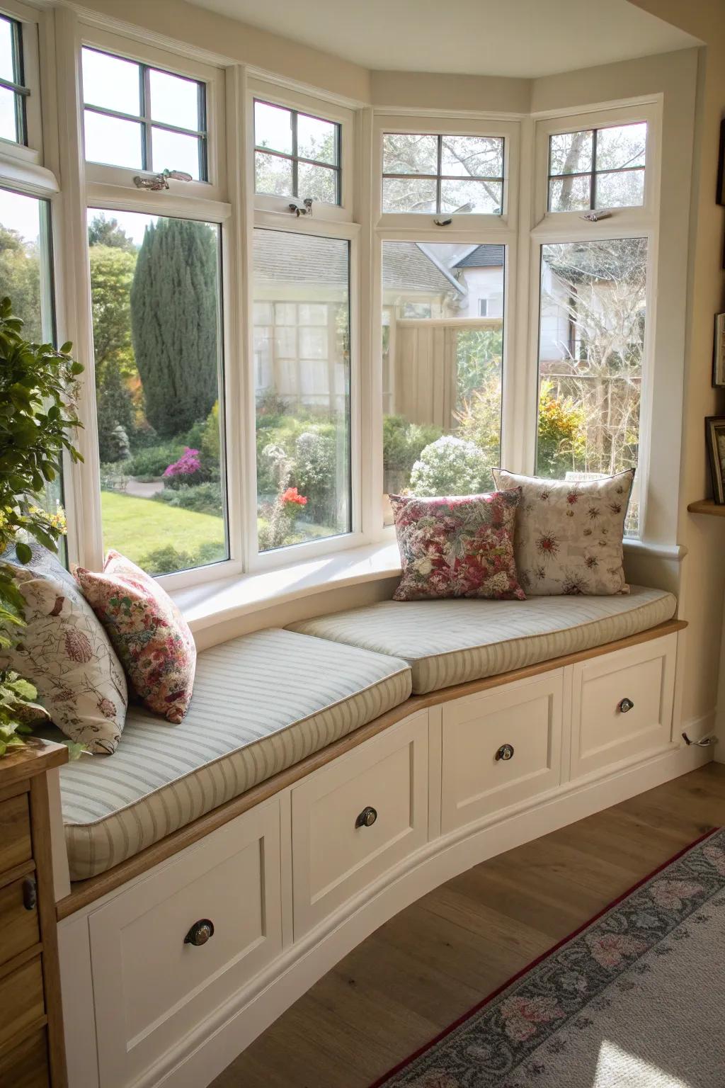 Practical integrated seating featuring storage, set within an arched bay window.