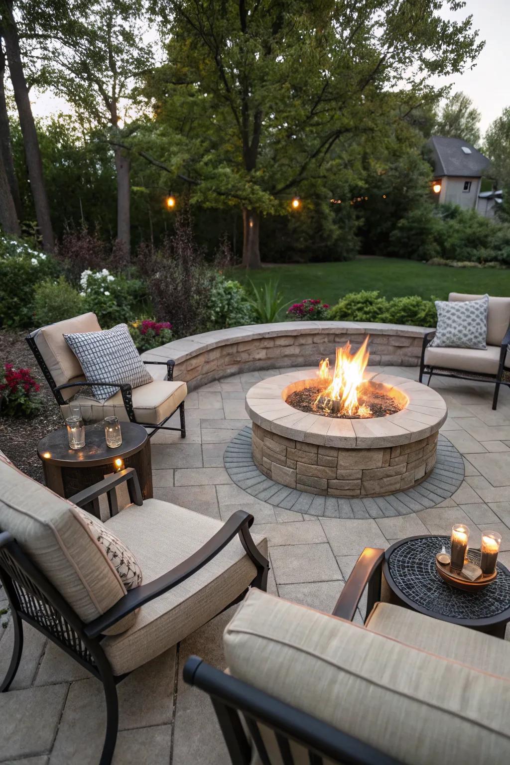 An attractive outdoor patio featuring a central circular fire pit and welcoming seating.