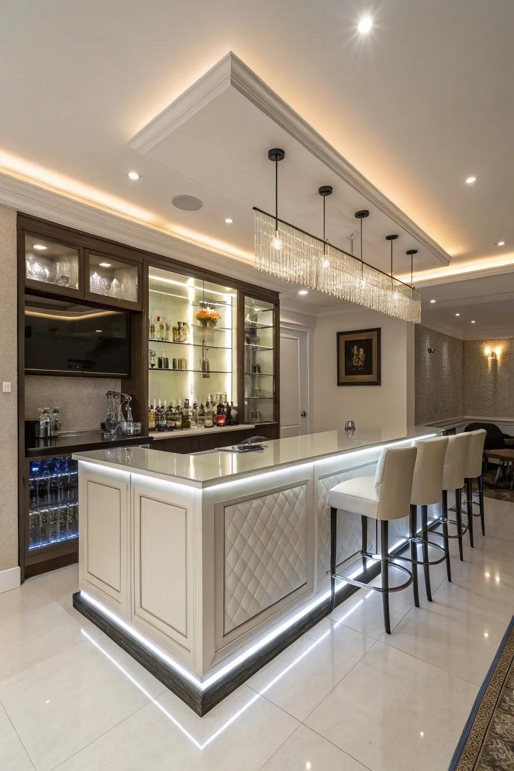 A sleek and modern bar featuring a minimalist design and integrated lighting.