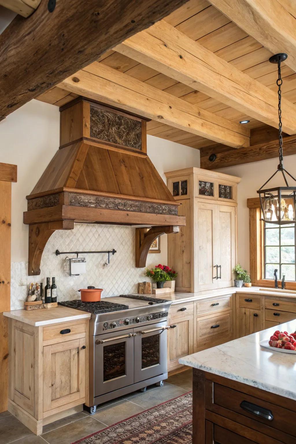 Wood range hoods fill kitchens with the inviting warmth of rustic style.