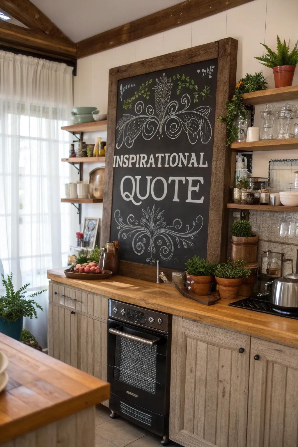 A kitchen chalkboard exhibiting an inspirational quote to positively influence the start of the day.