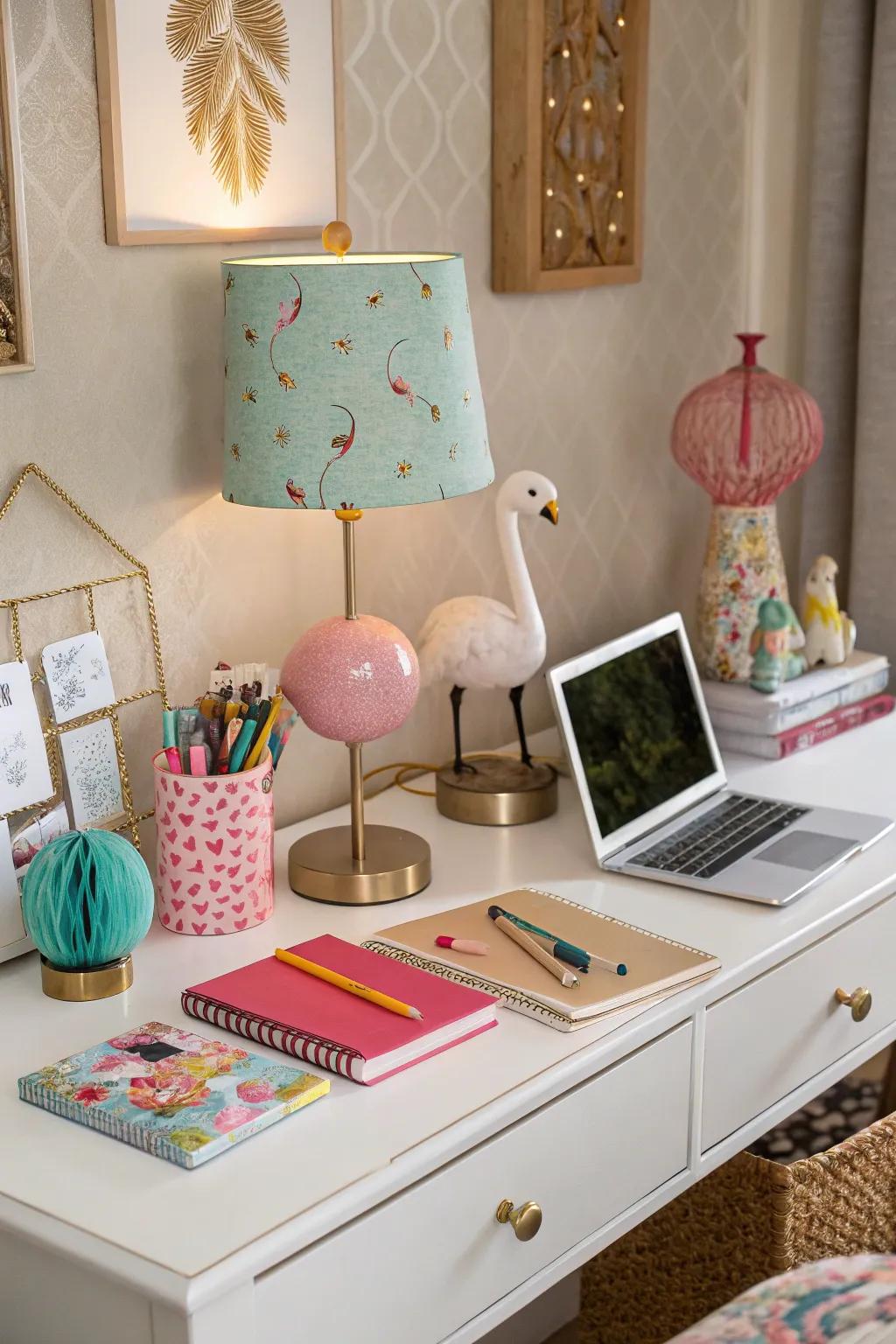 A desk embellished with whimsical decor, fostering a fun and imaginative atmosphere.