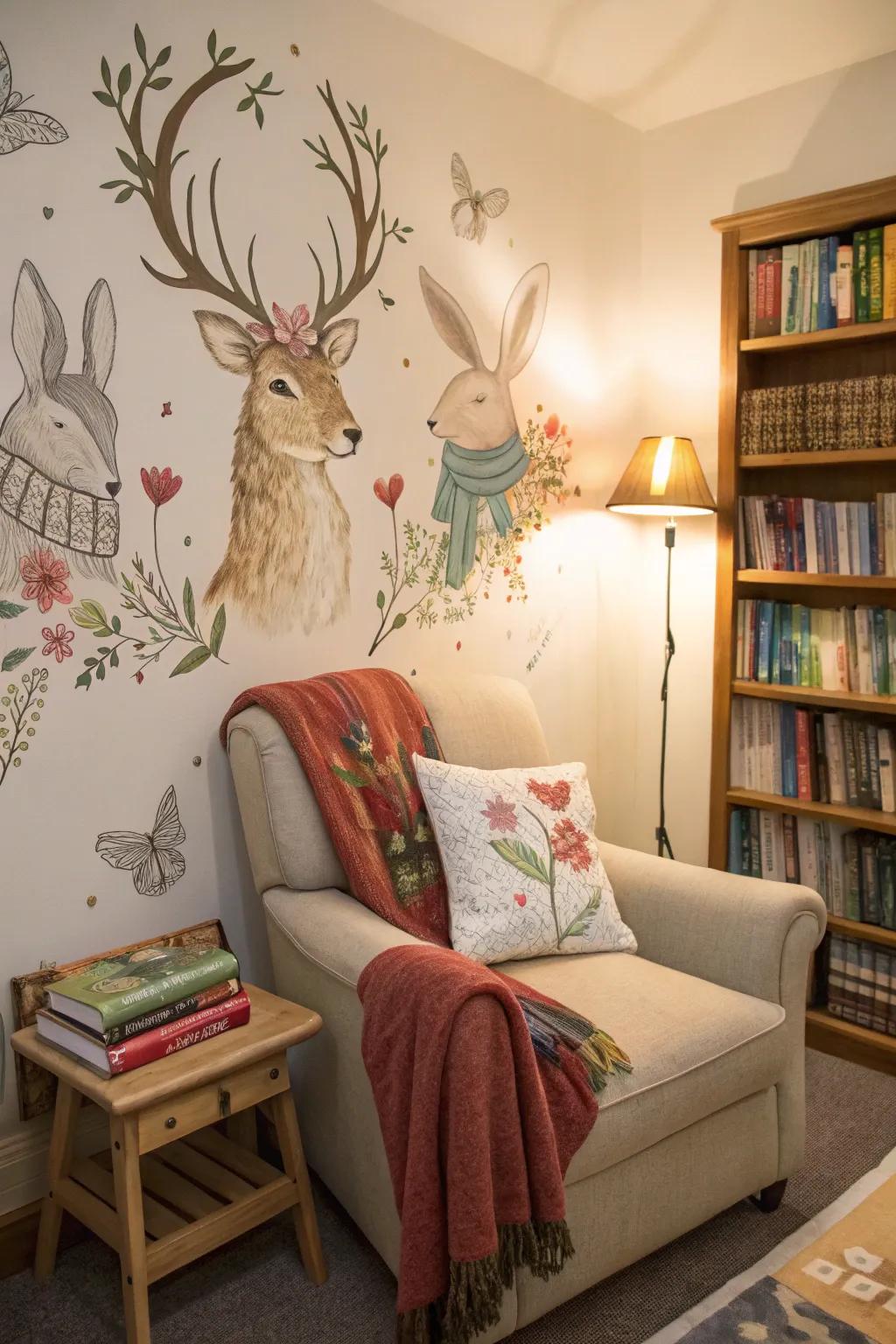 Quaint forest friends crafting an enchanting reading corner.