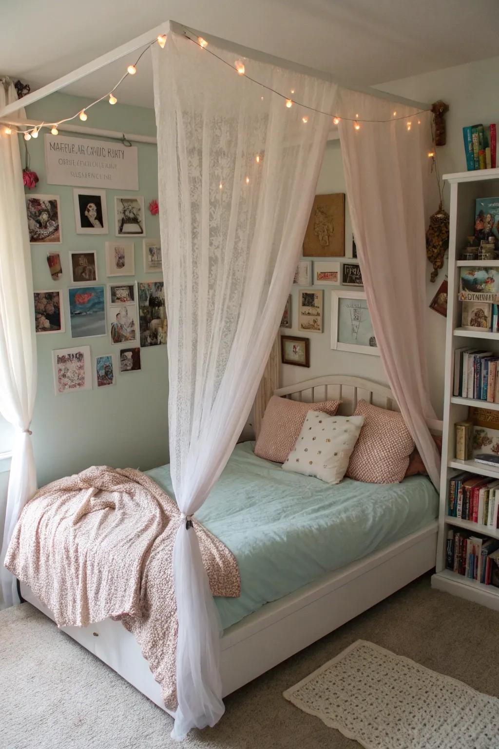 A peaceful teen bedroom featuring a draped bed.