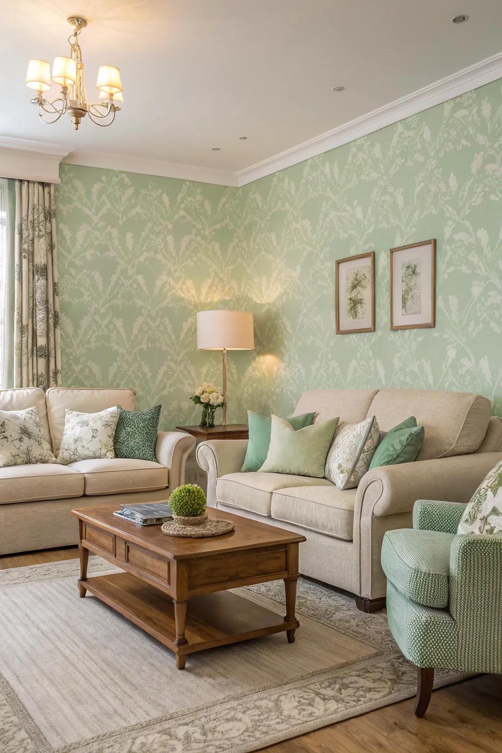 A living room featuring soft green wallpaper, ideal for a serene escape.