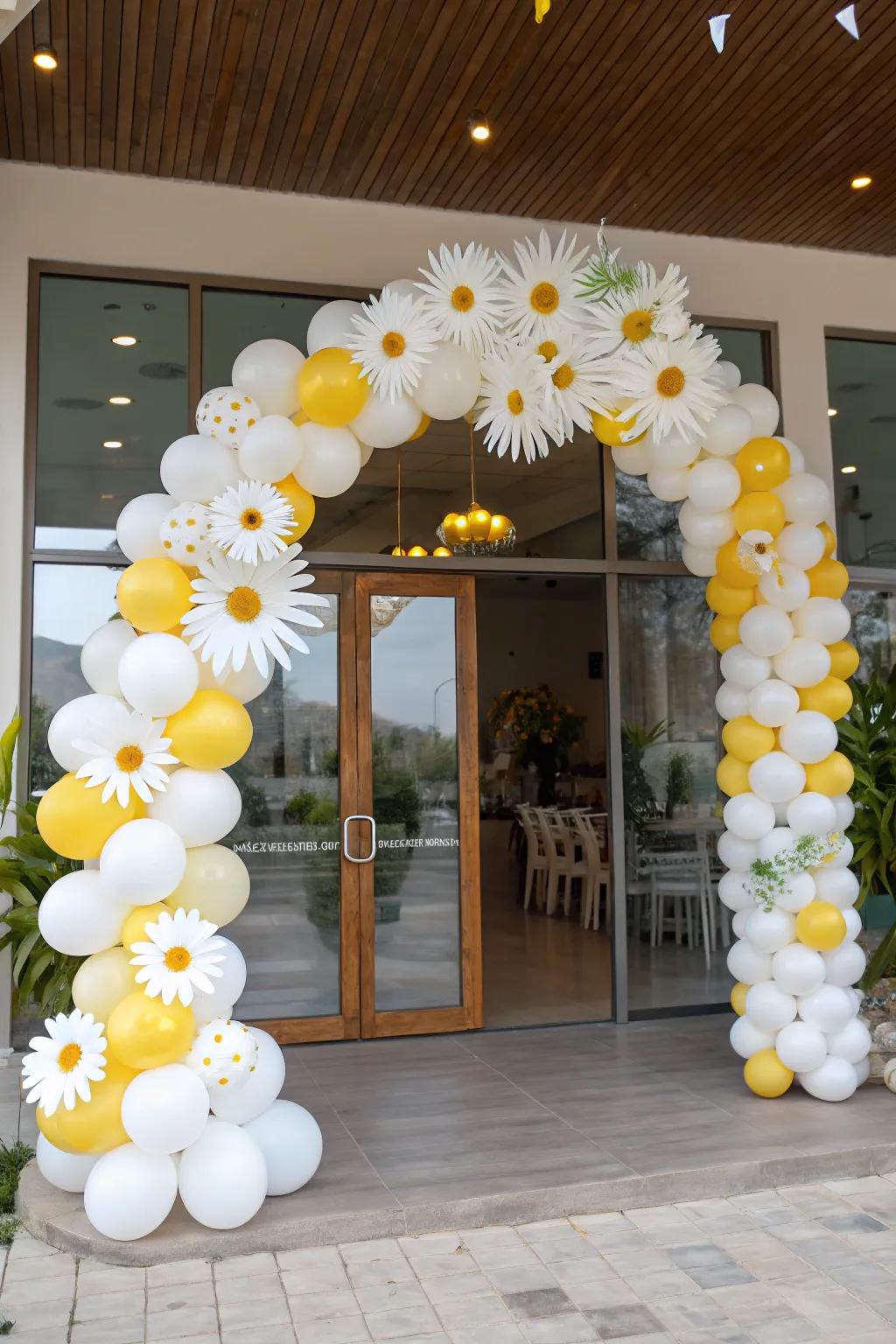 Extend a warm welcome with a stunning daisy balloon arch.