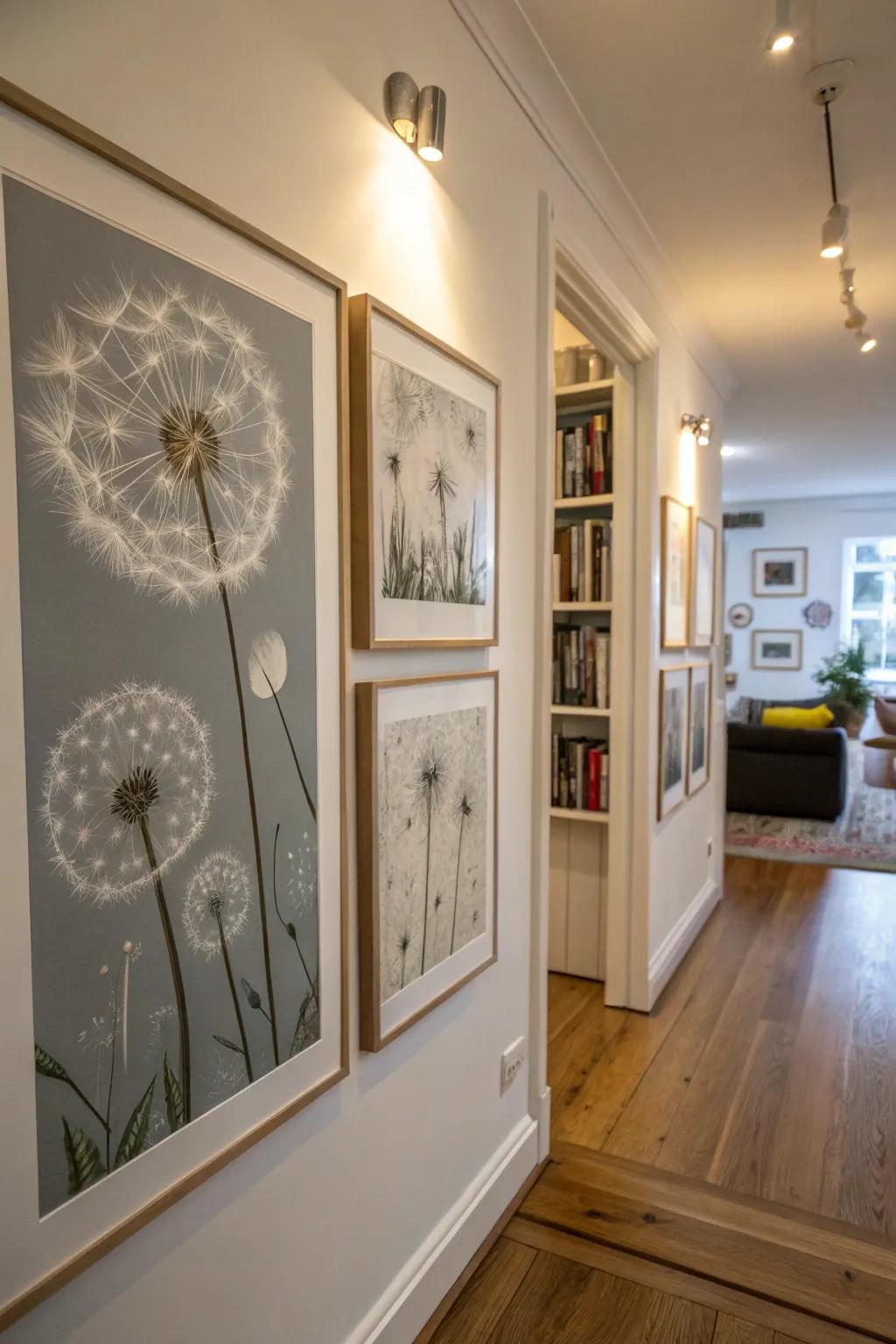 Unique dandelion graphics impart a sense of whimsy.