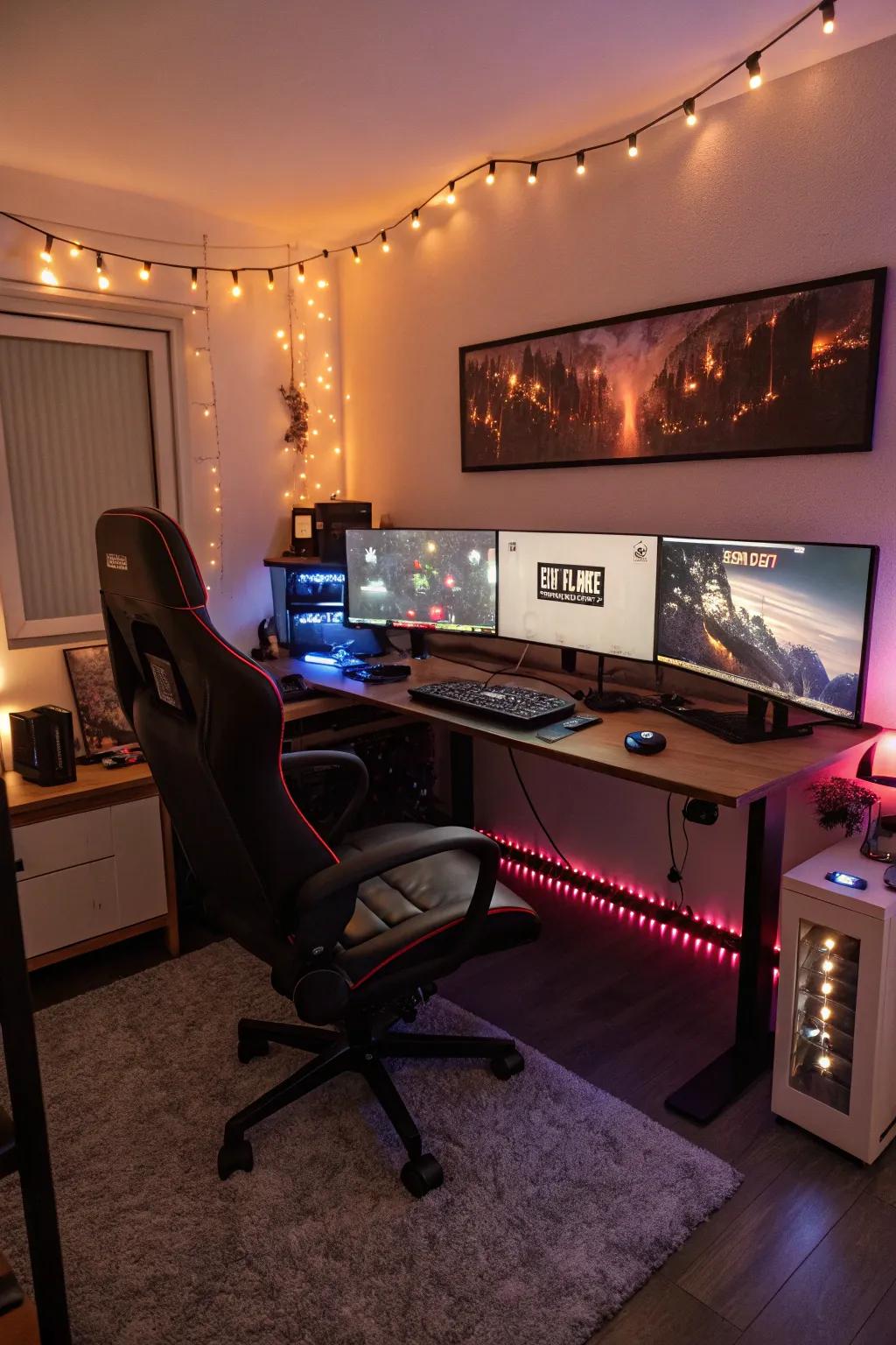 Achieve an enveloping gaming atmosphere using a triple monitor configuration in your gaming space.