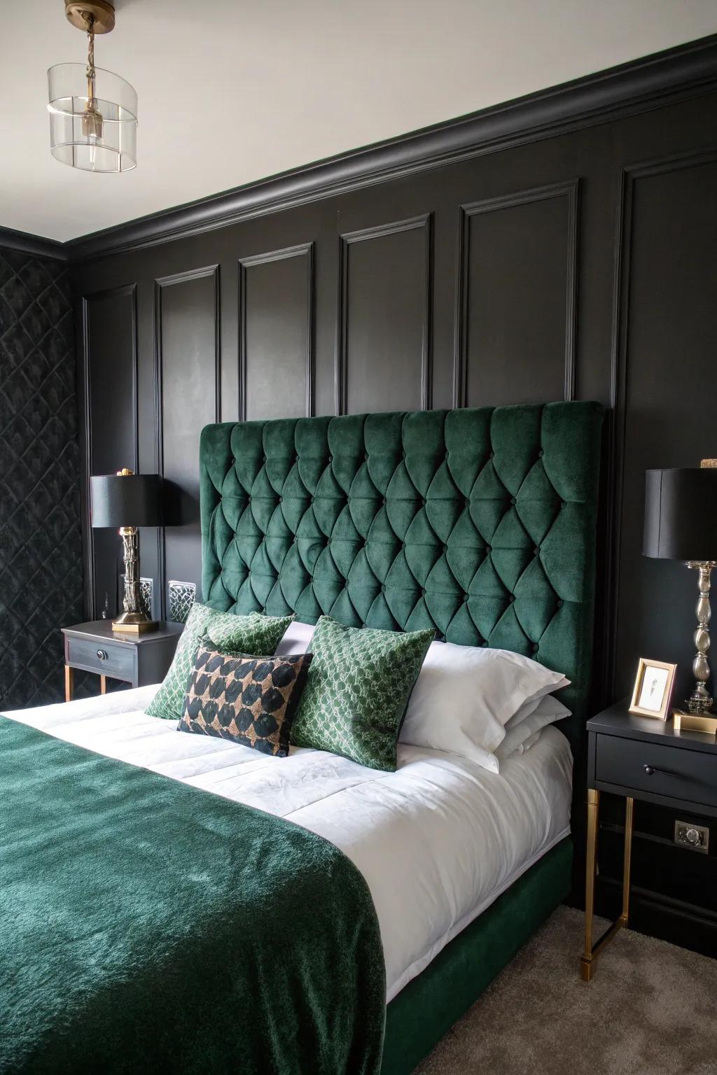 Lavish deep green material stands out against dark-colored walls.