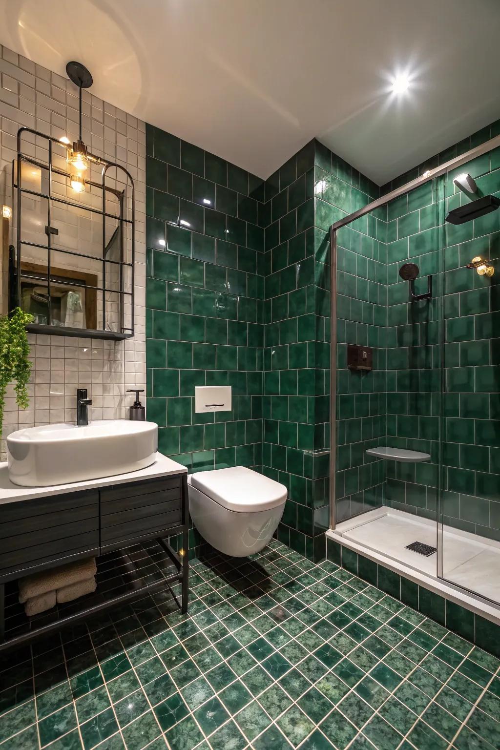 Forest green tiles enhance depth and a hint of extravagance.