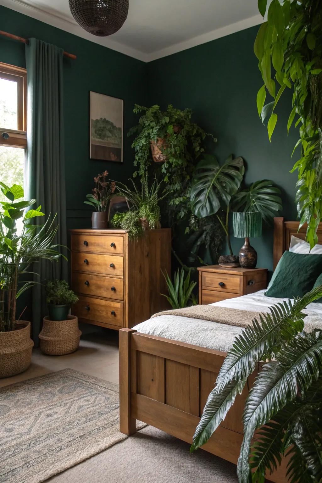 A dark green bedroom styled with wooden furniture and vibrant indoor foliage.