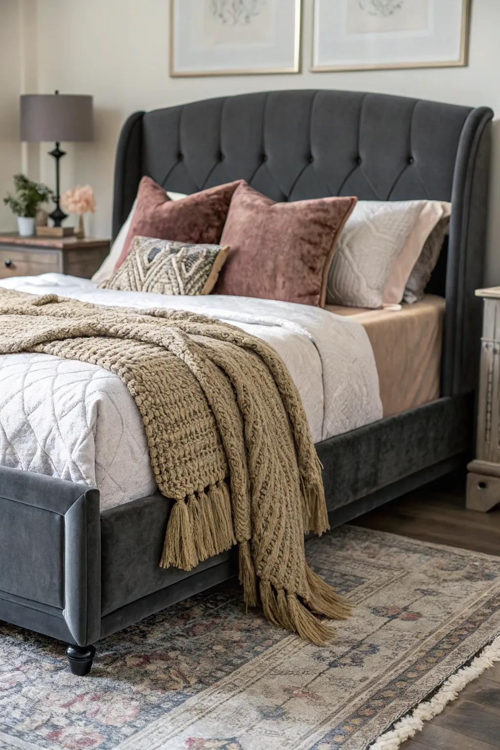 A boudoir rich in texture featuring a shadowy grey bed frame and premium textile accents.