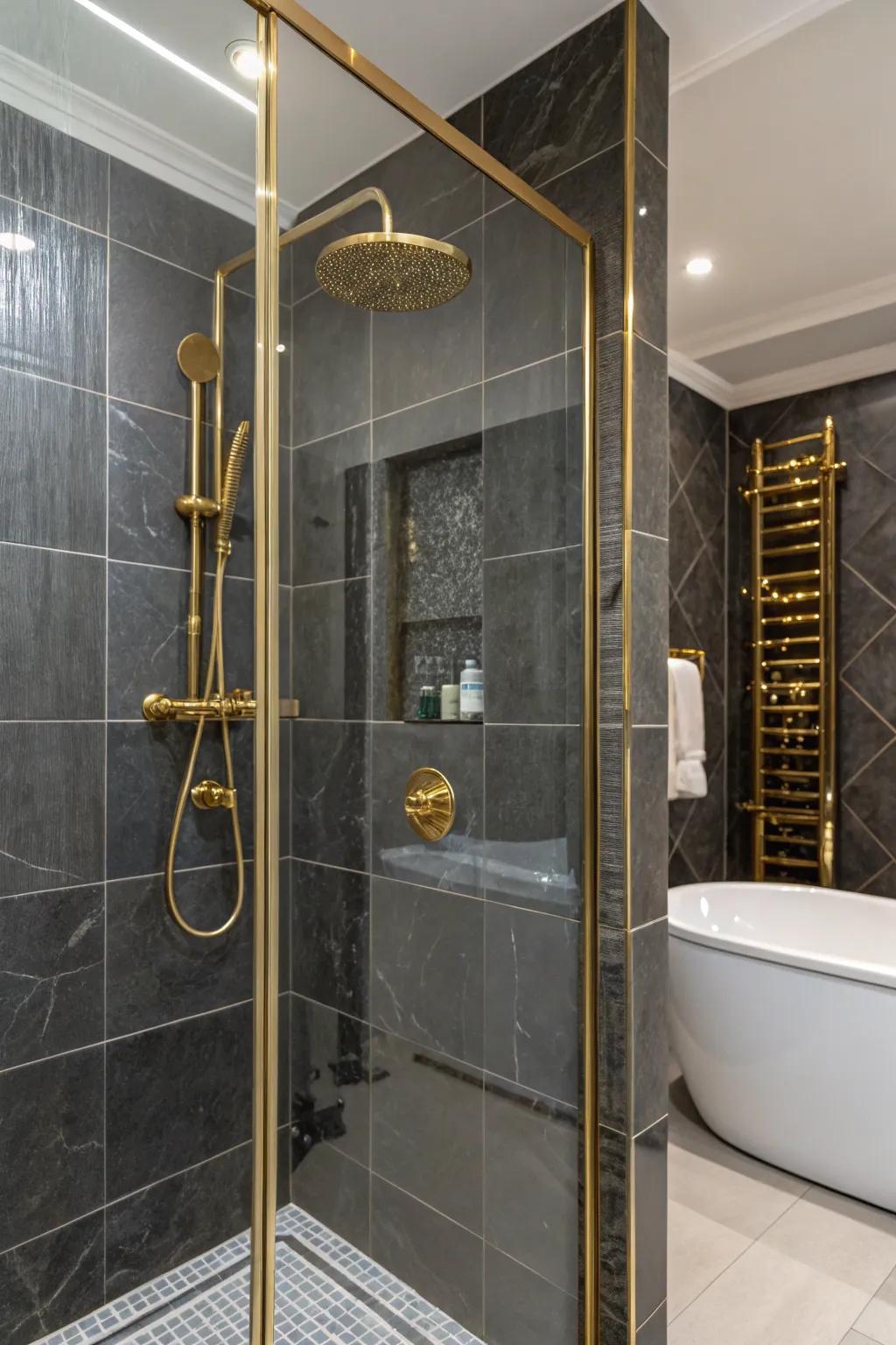 Shimmering tiles and gold hardware create a luxurious atmosphere in this bathroom.