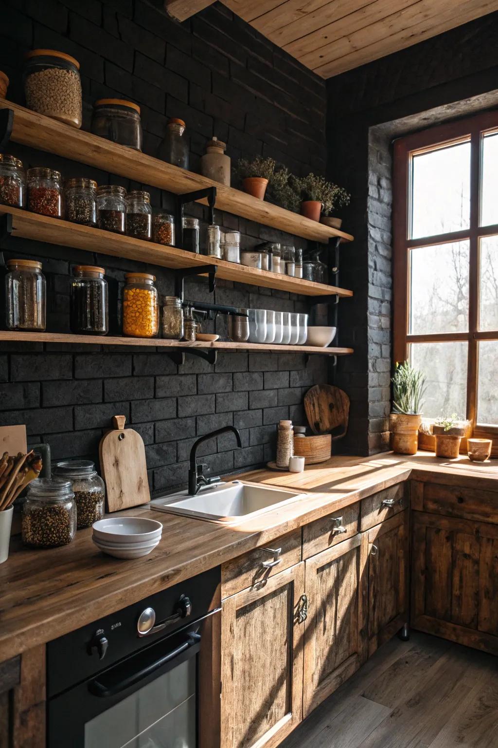 A cozy kitchen design enhanced by a dark brick backsplash and wooden shelving, offering a warm atmosphere.