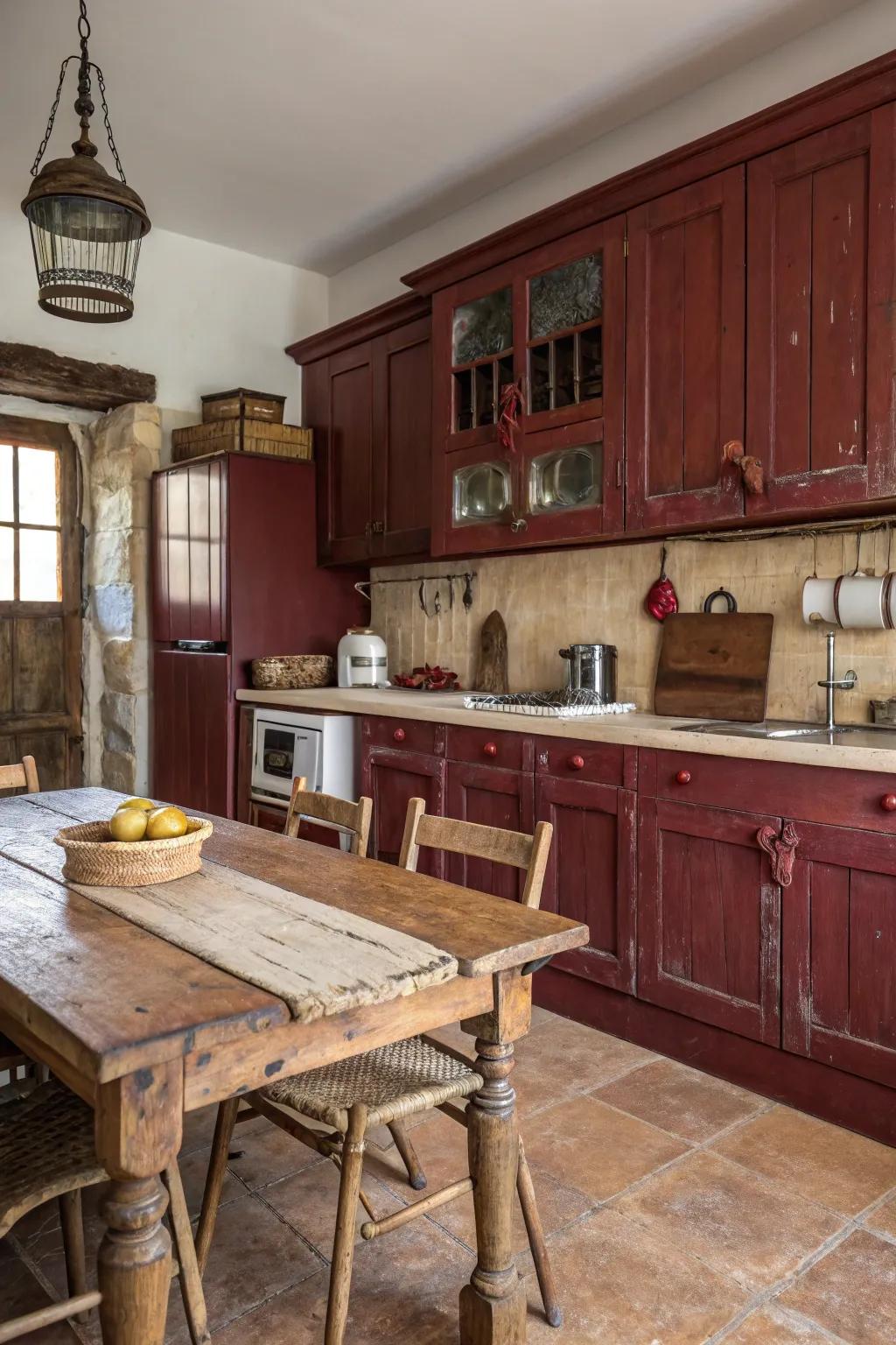 Country-inspired kitchen featuring crimson-toned cabinets and wooden details.