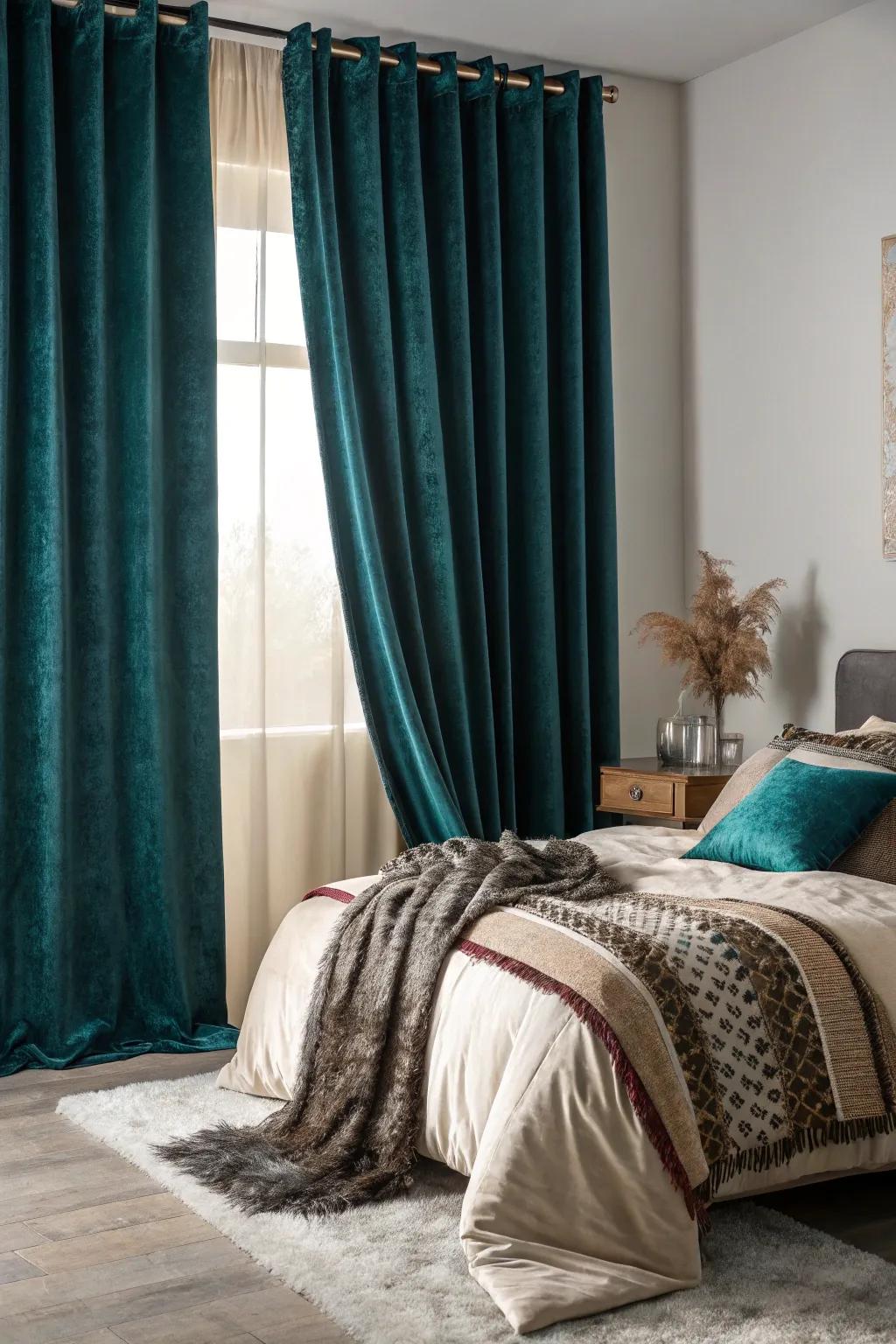 Textures contribute an opulent layer of comfort to an inky teal area.