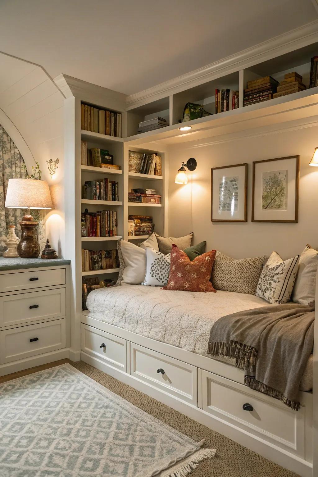 Integrated shelving offers both storage and aesthetic appeal around your daybed.