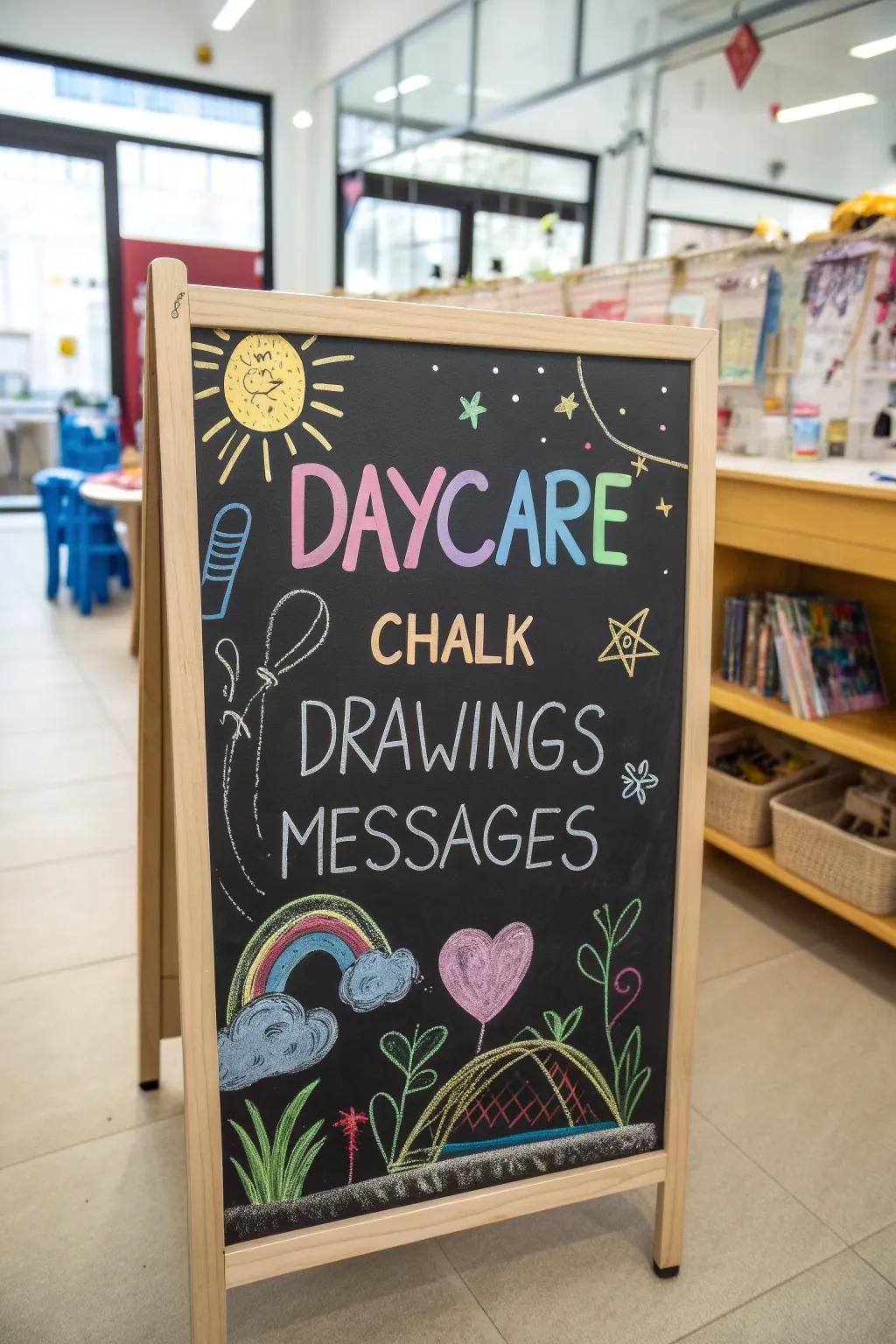 A quaint chalkboard marker at a daycare, adorned with colorful drawings and personalized notes.