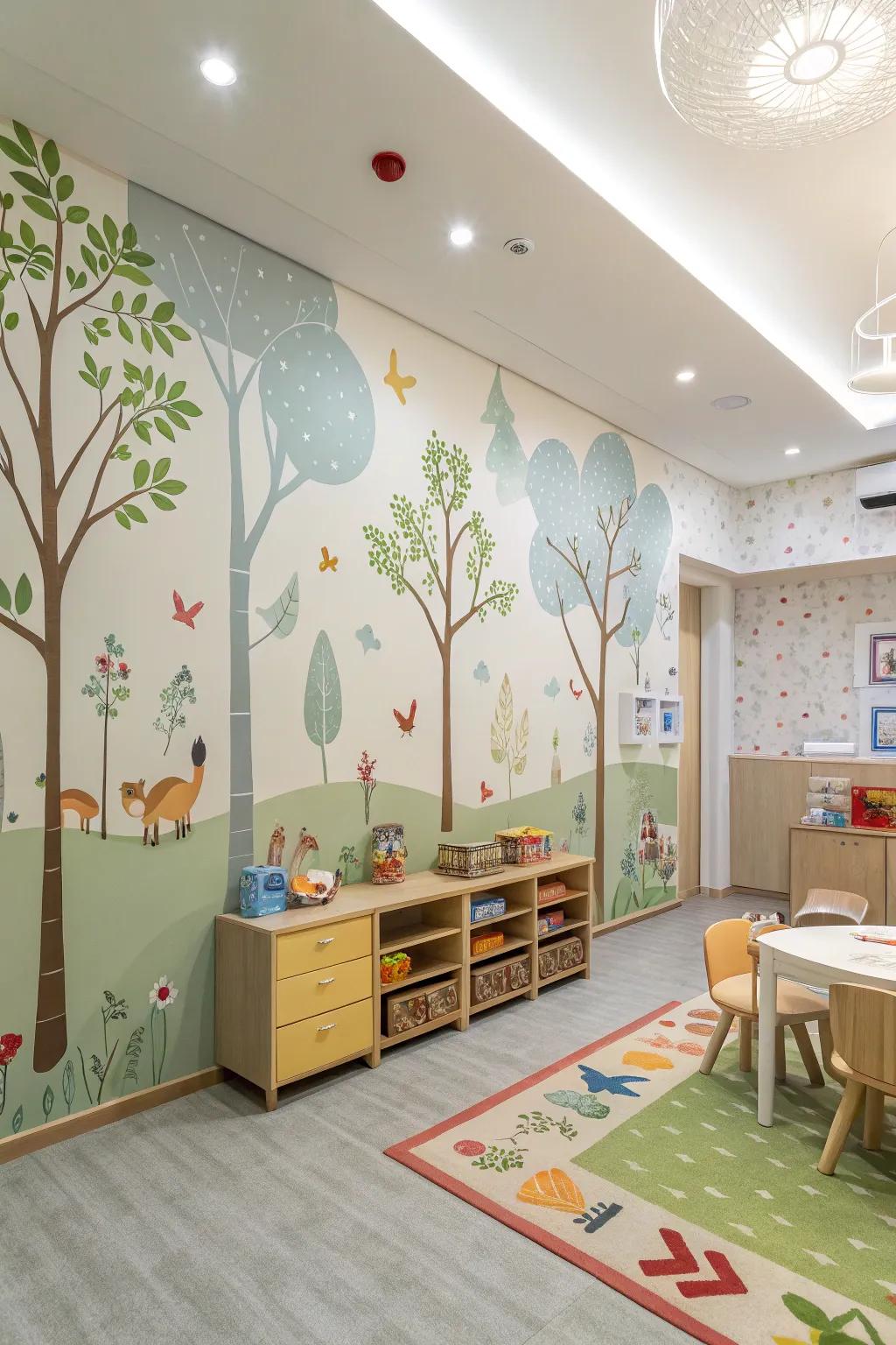 A daycare area including captivating woodland-themed wallcovering.