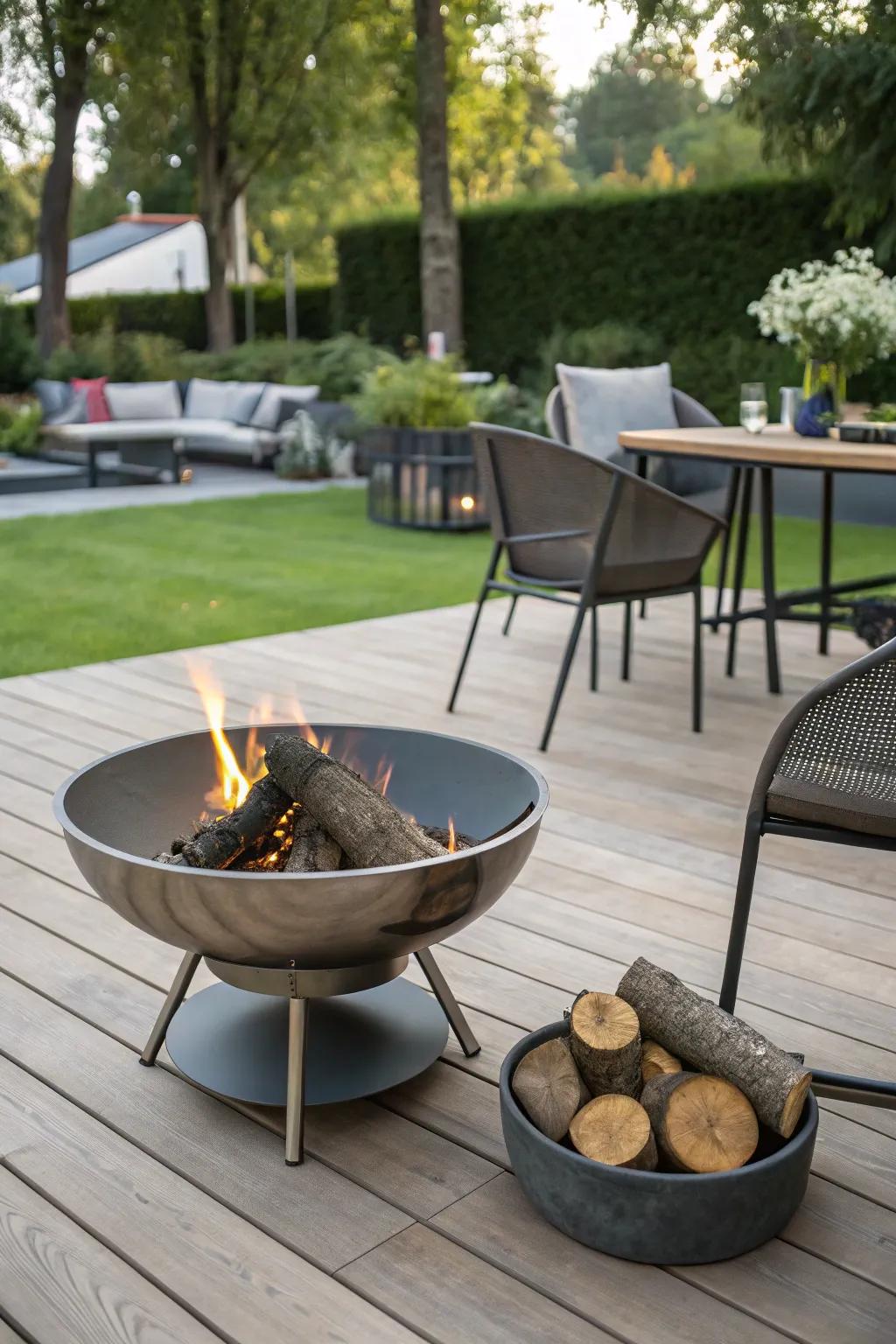 A metal fire feature provides a modern accent to your patio, perfect for contemporary areas.