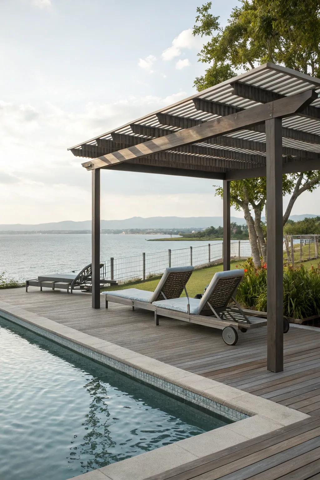 A poolside deck featuring a pergola, providing a serene escape.