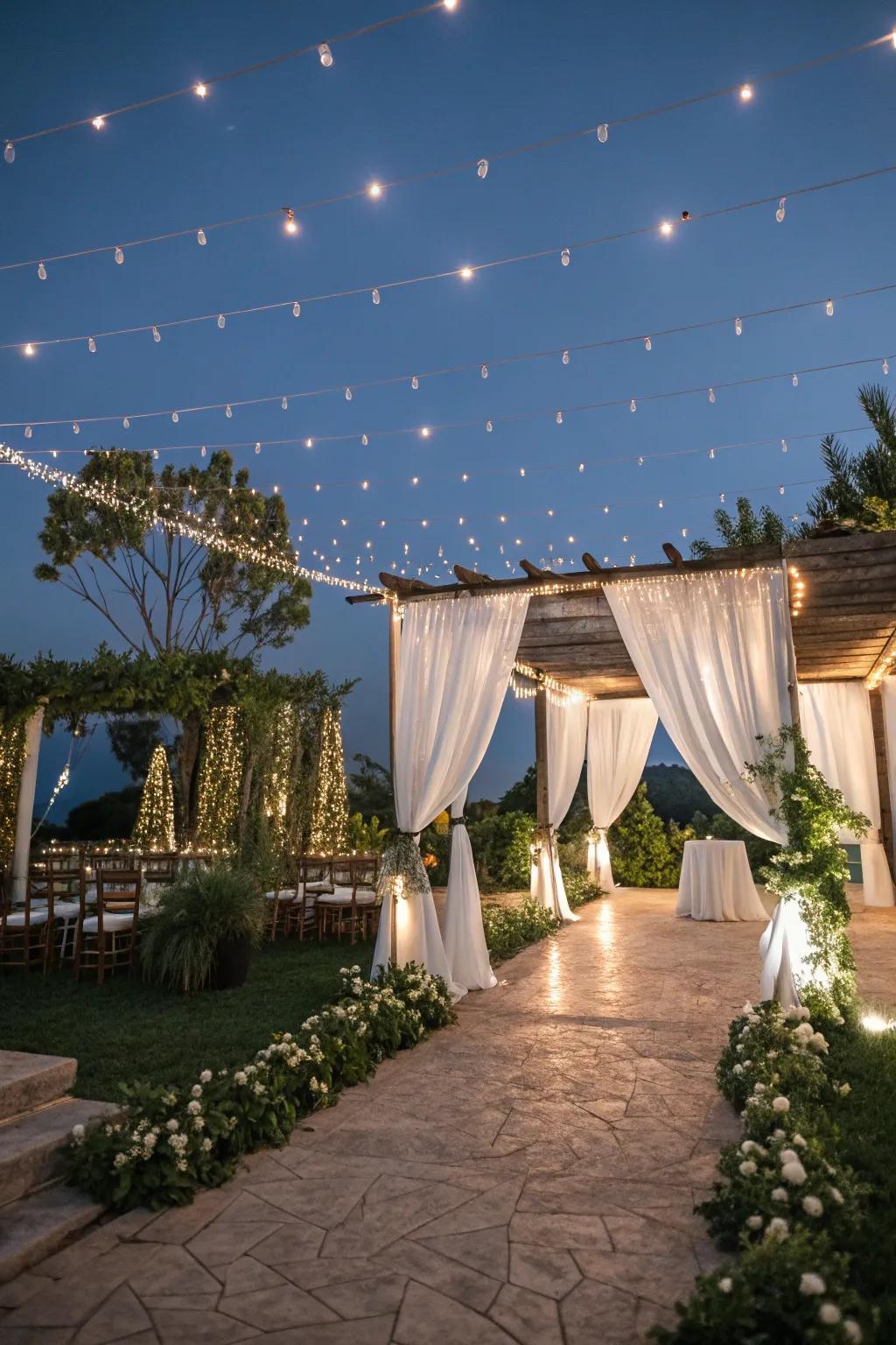 Fairy lights projecting an enchanted sparkle at an open-air ceremony.
