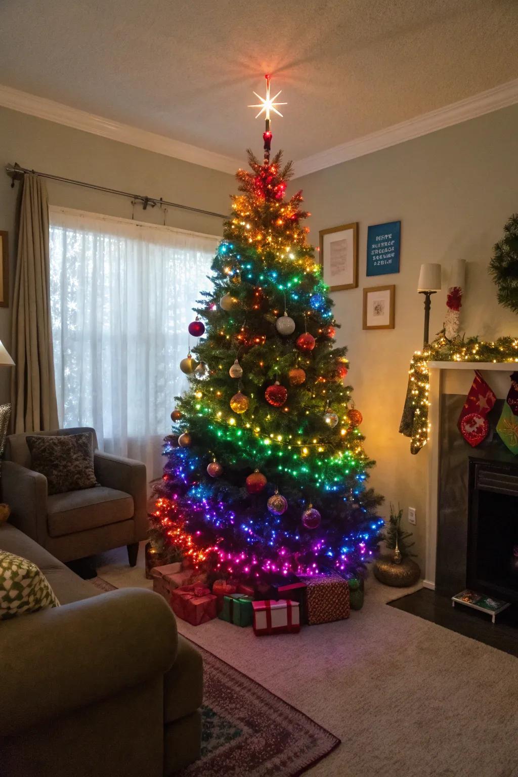 A rainbow-styled Christmas tree using multicolored lights and coordinating ornaments.