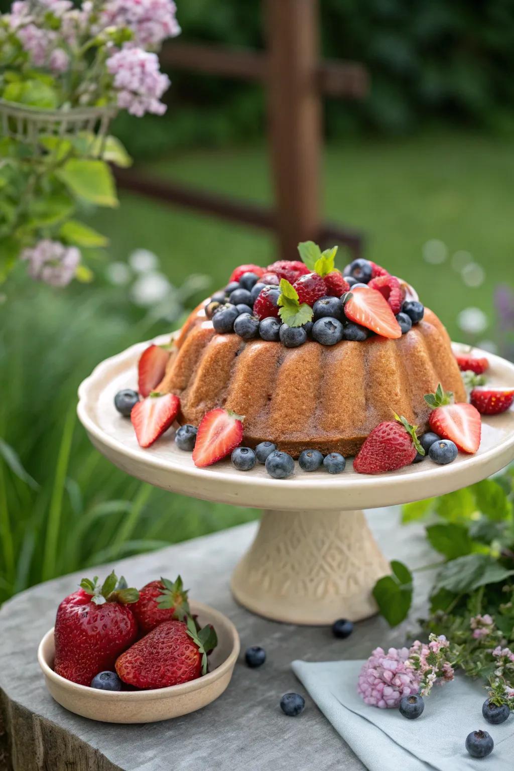 A bundt cake adorned with ripe strawberries and blueberries.