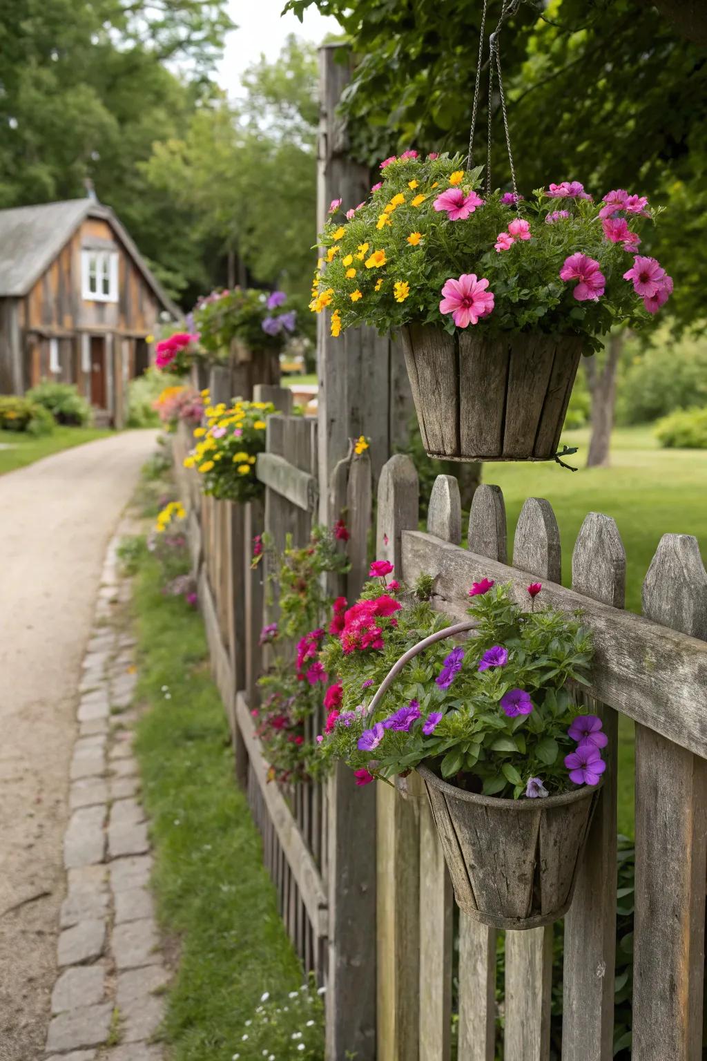 Planters contribute a revitalizing burst of color and vitality to any fence.