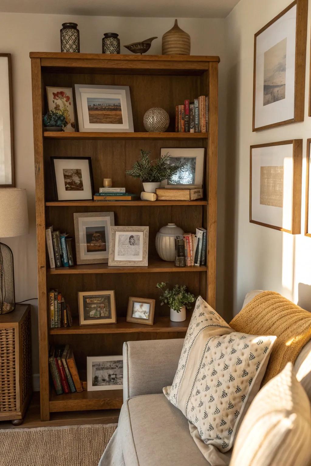 Layering picture frames on shelves enriches the space with dimension and allure.