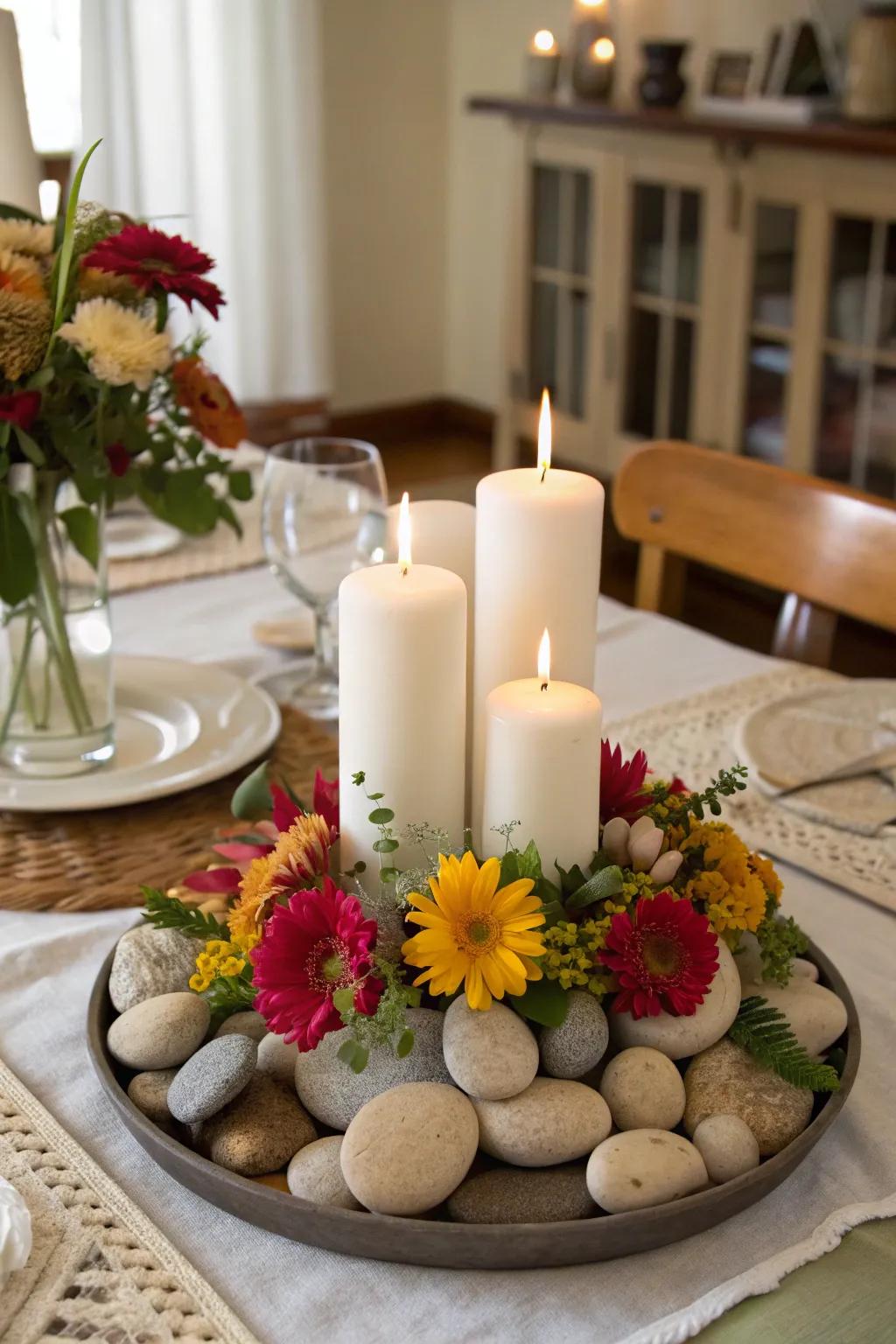 Produce an organic centerpiece utilizing stones for a remarkable dining table presentation.