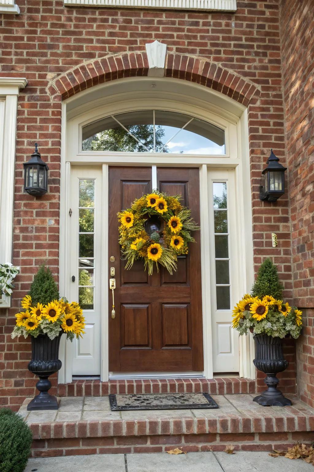 A sunflower wreath extends a welcoming embrace to all who enter.