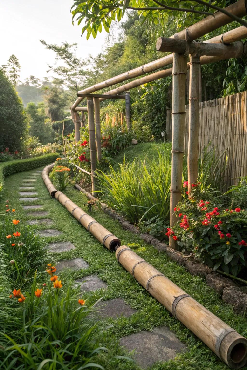Bamboo plumbing covers create a rustic garden aesthetic.