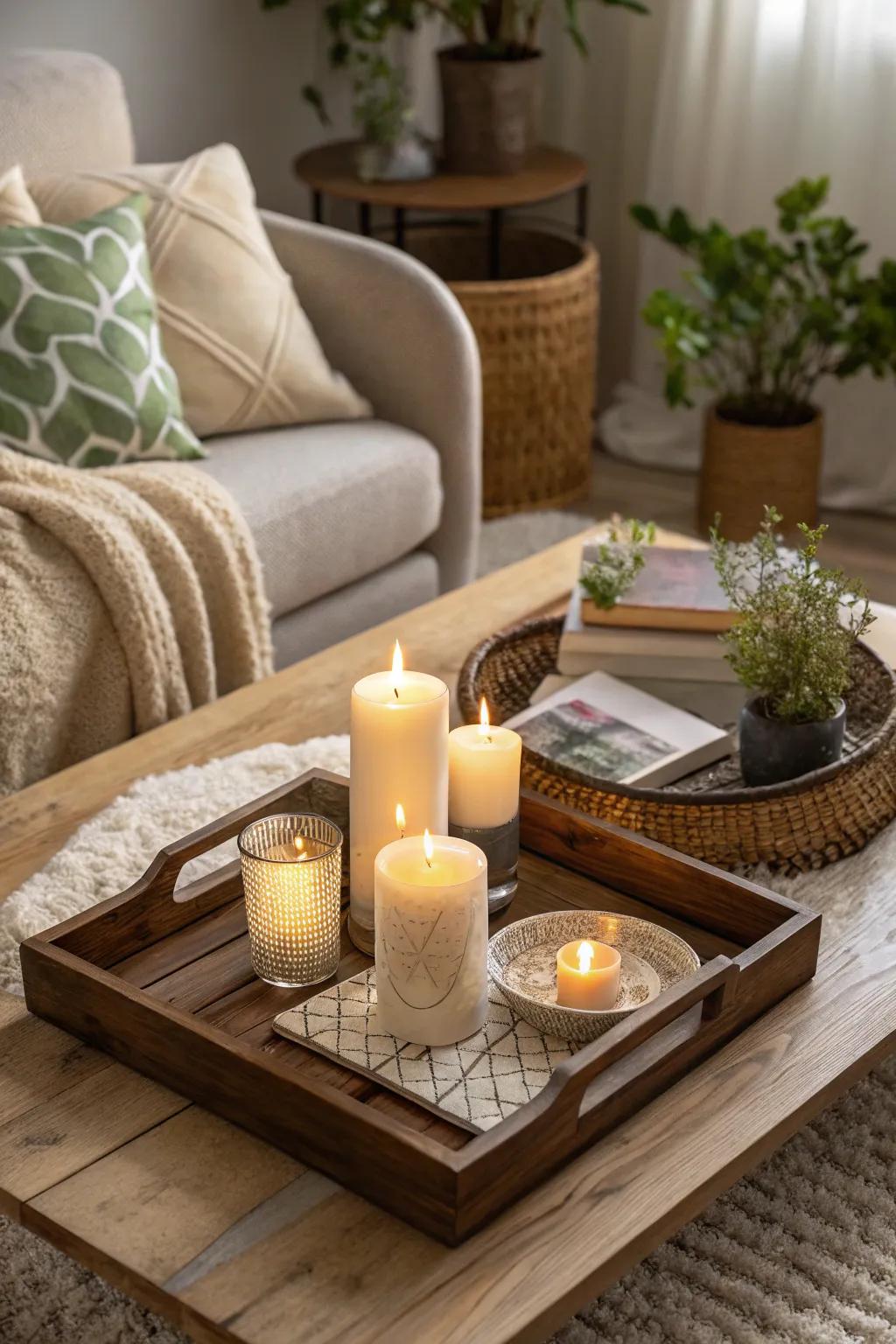 Lighting sticks contribute to a warm and inviting aura on a coffee table serving board.