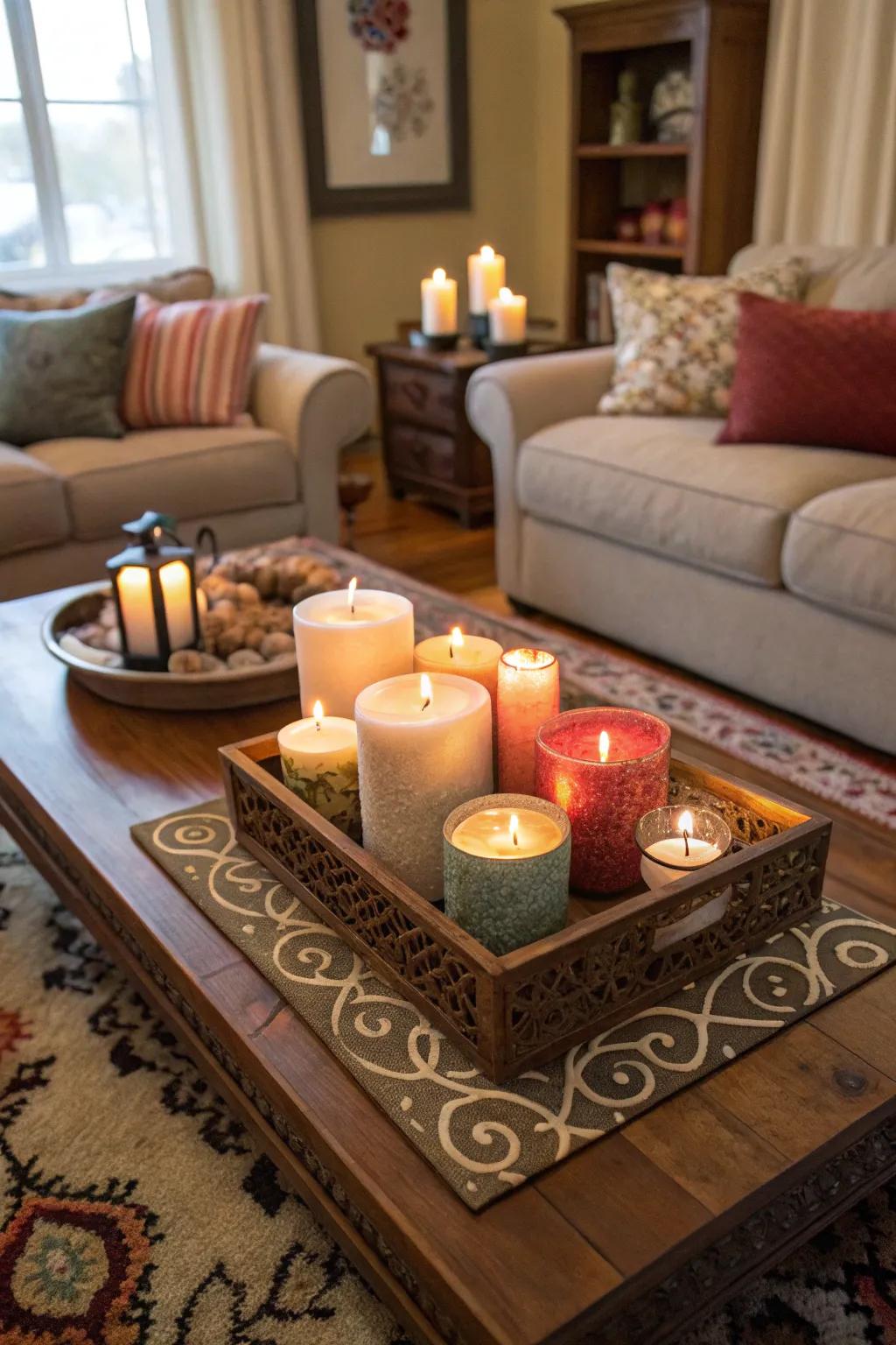 A warm glow with an assortment of candles.