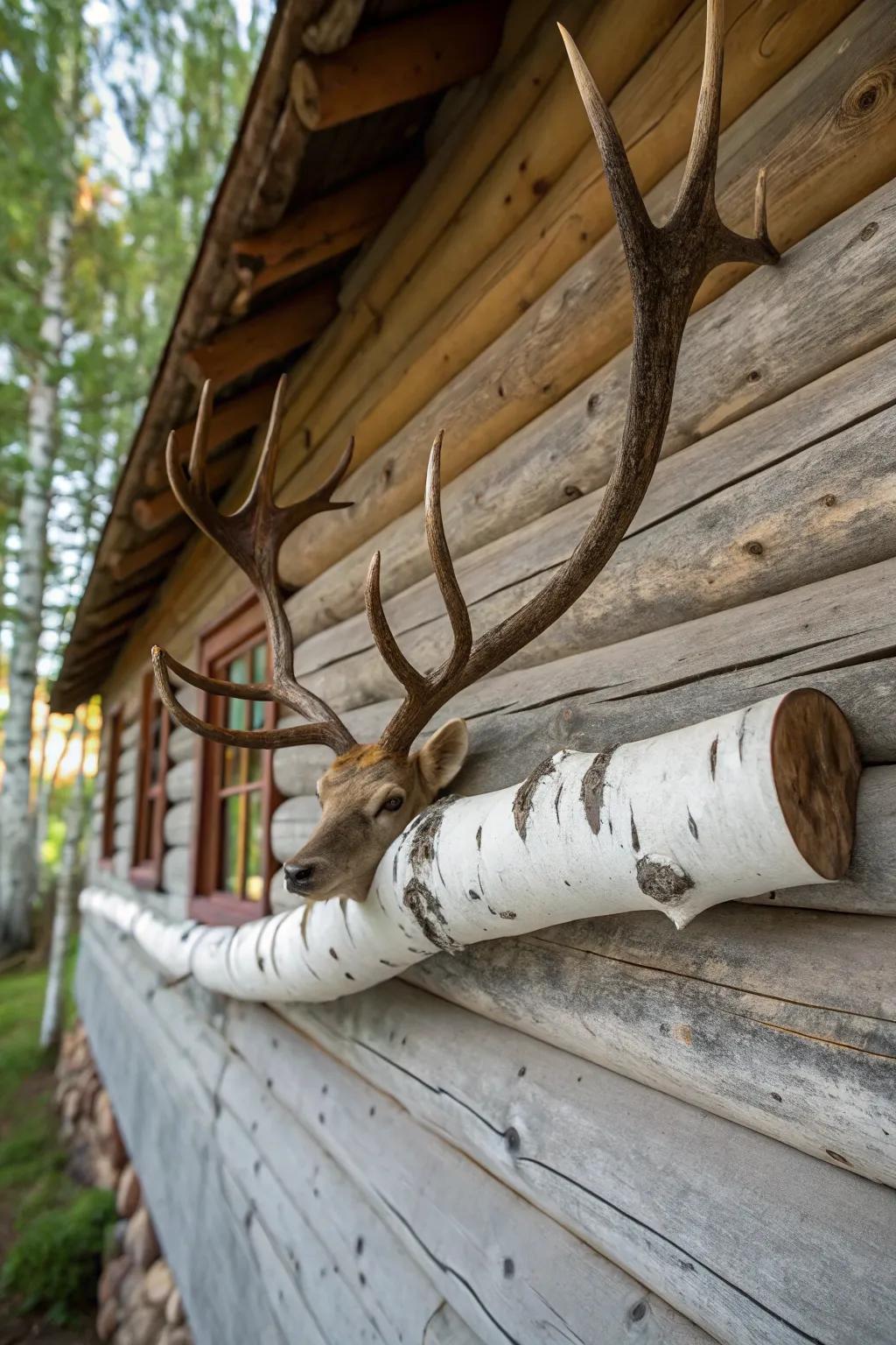 Deer antlers displayed on a white birch branch infuse a quaint cabin wall with rustic appeal.