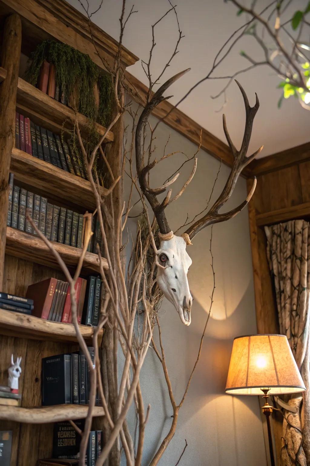 Genuine limbs surround this deer skull, contributing a sensation of woodland allure.